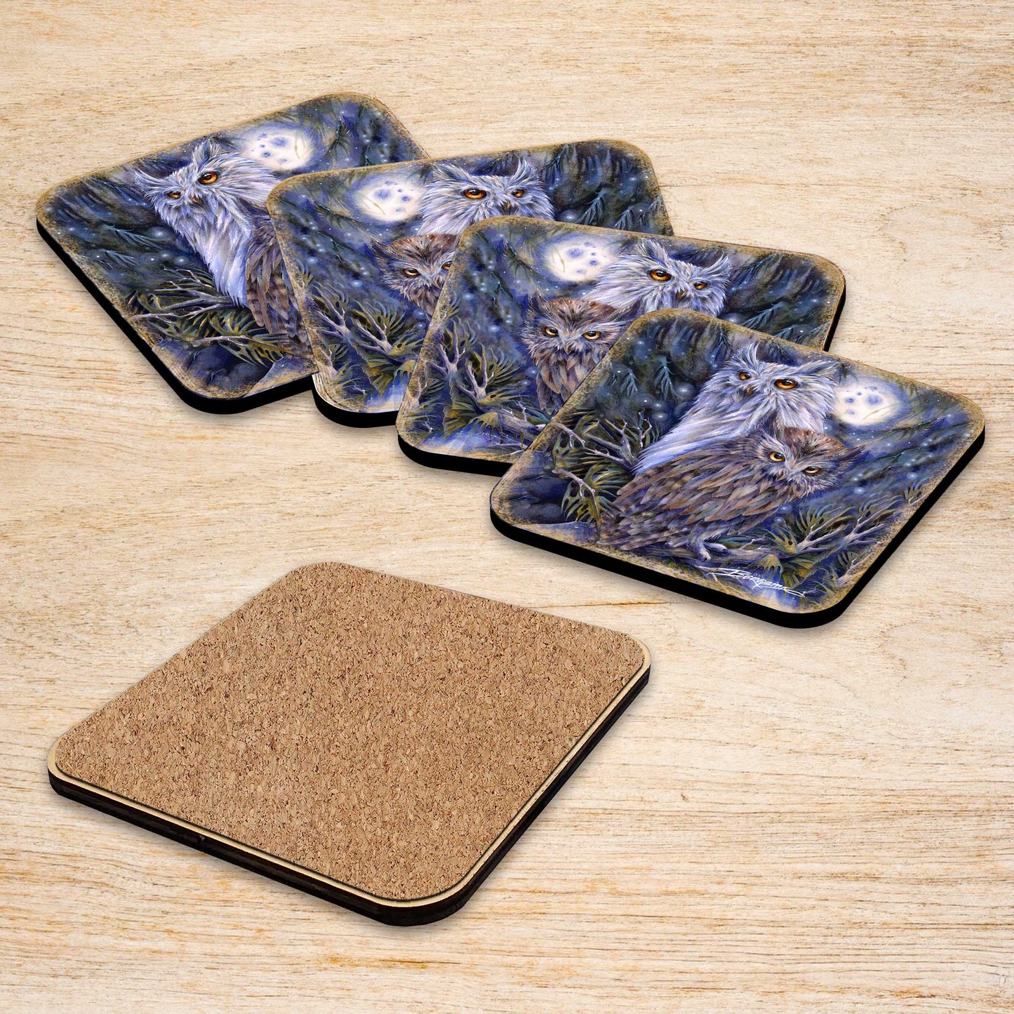 Night Watch Owls Wooden Cork Coasters Gift Set of 4 by J. Bergsma - Wildlife Decor  - 8199465C-S4