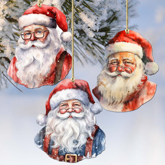 Jolly Santa Faces Decorative Wooden Ornaments Set of 3 by G. Debrekht - Christmas Decor - 8091045-S3