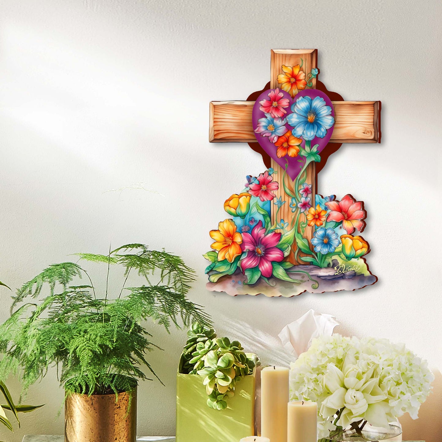 Easter Floral Wooden Cross by G. Debrekht - Easter Spring Decor - 88166