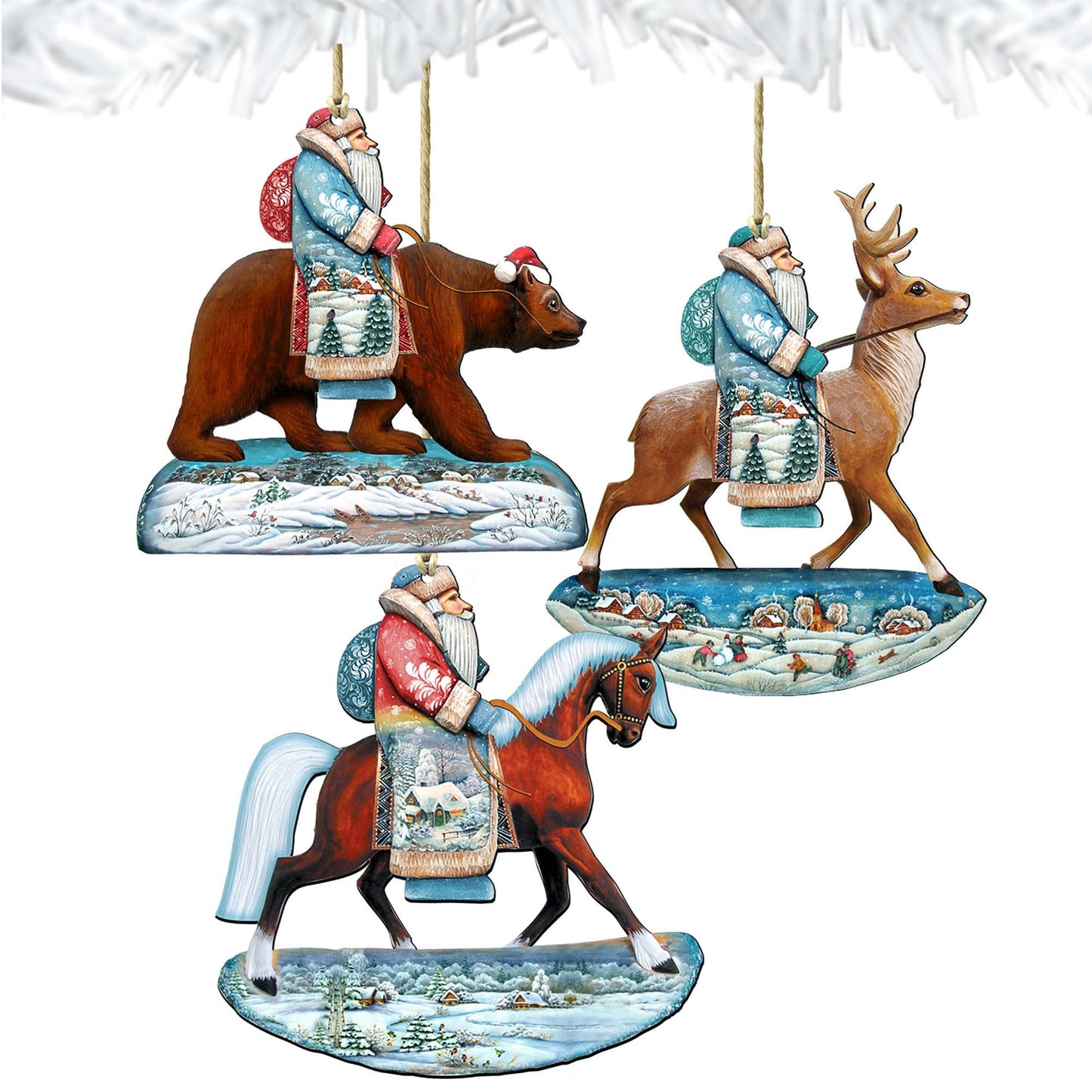 Riding Santa Wooden Ornaments Set of 3 by G. DeBrekht - Christmas Santa Snowman Decor - 8100016S3