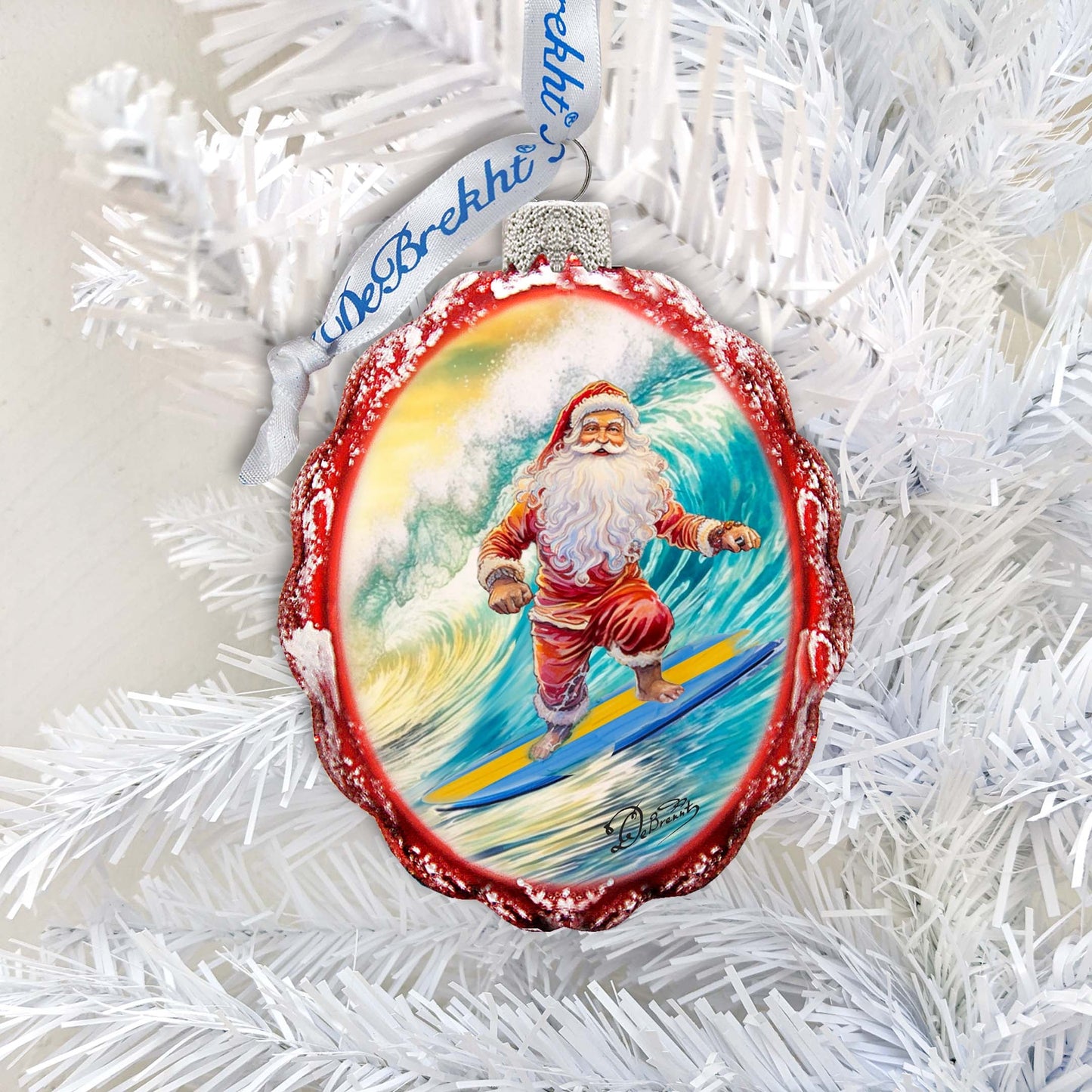 Coastal Christmas Ornaments  Santa on the Surfboard Keepsake Glass Ornaments by G. Debrekht - Coastal Holiday Decor - 777392