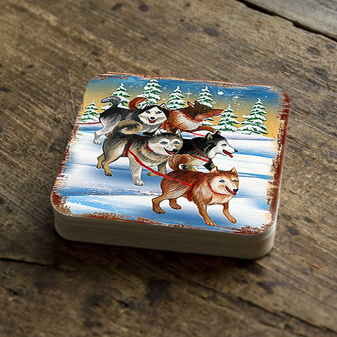 Huskies Wooden Cork Coasters Gift Set of 4 by Nature Wonders - Nature Wildlife Decor  - 95378C-S4