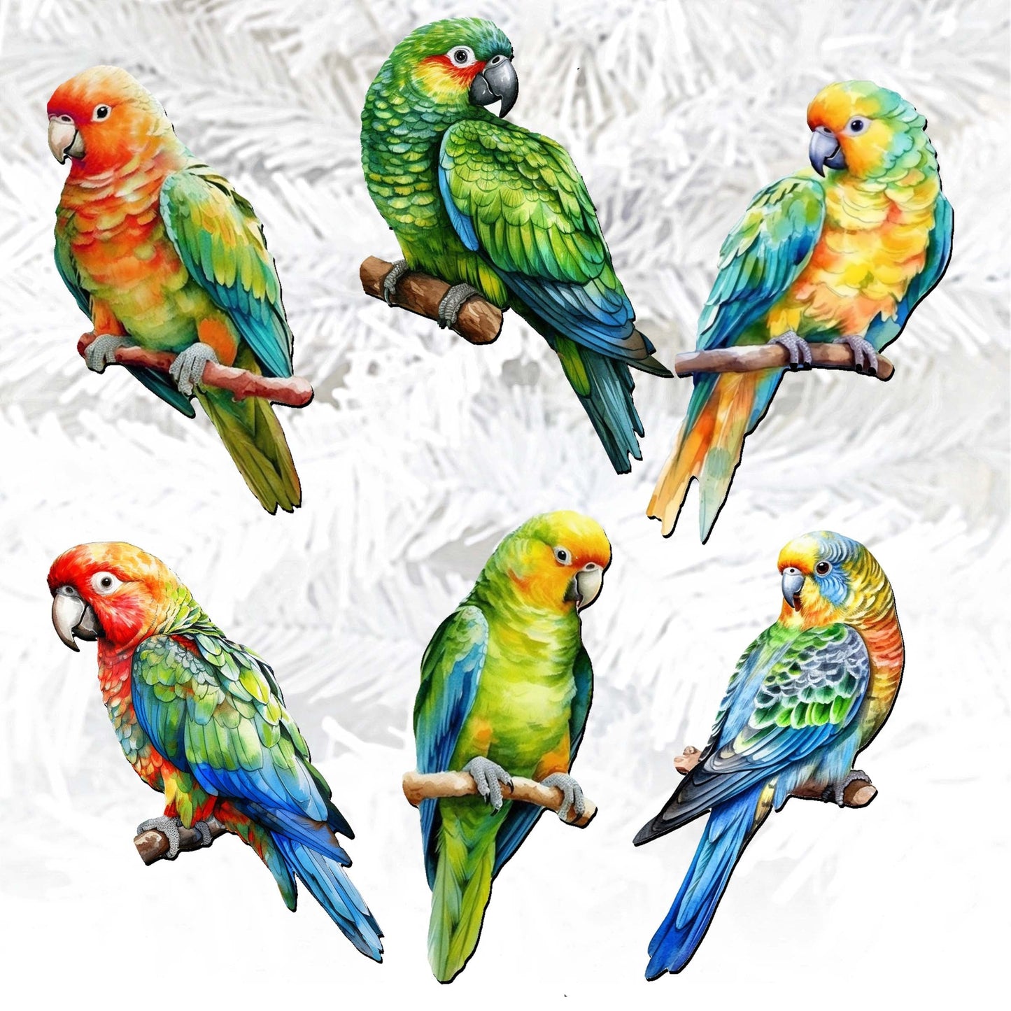 Parrots Decorative Wooden Clip-on Ornaments of 6 by G. Debrekht - Christmas Decor - 8090013C-S6