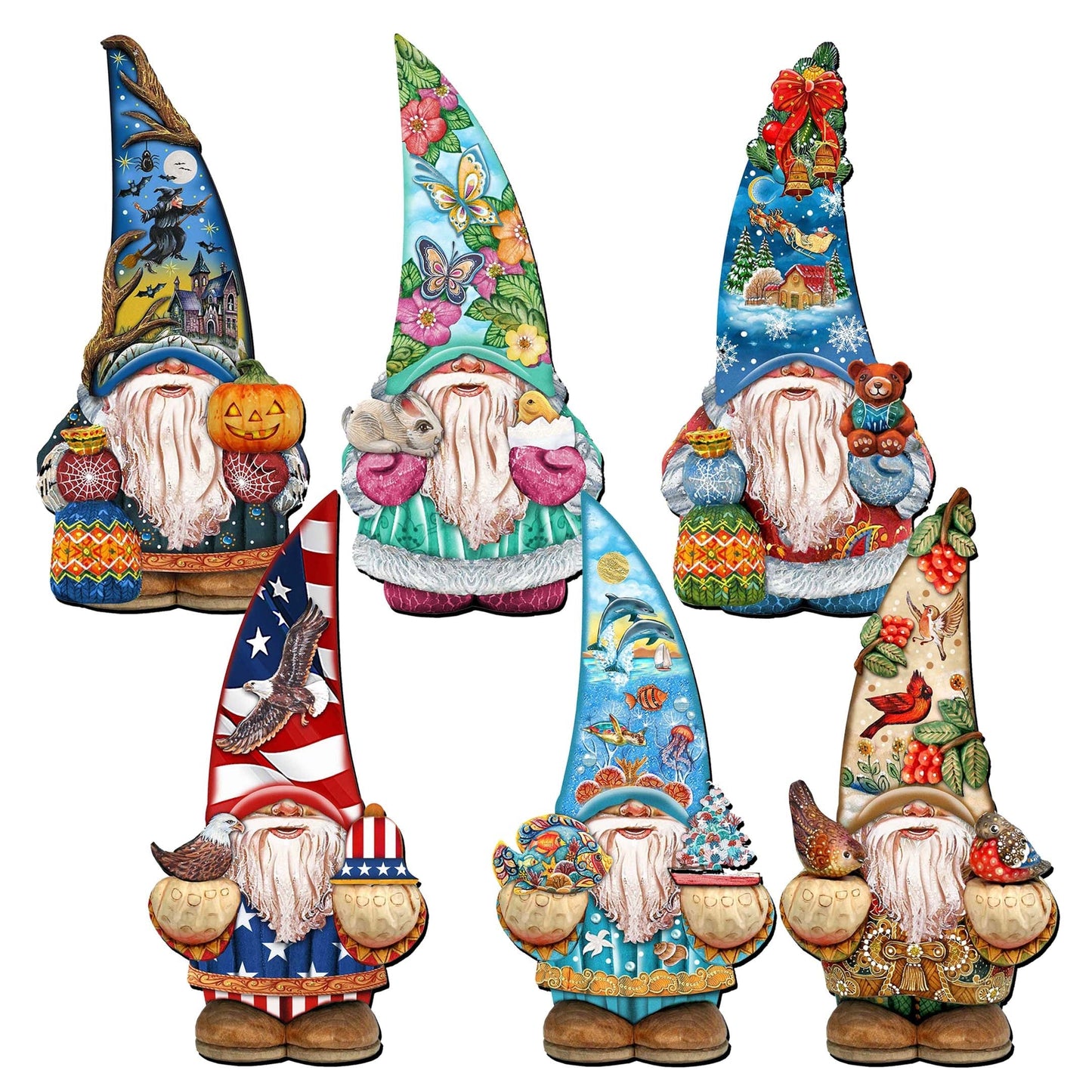 Holiday Gnomes Decorative Wooden Clip-on Ornaments Set of 6 by G. Debrekht  - Christmas Decor - 8090138C-S6