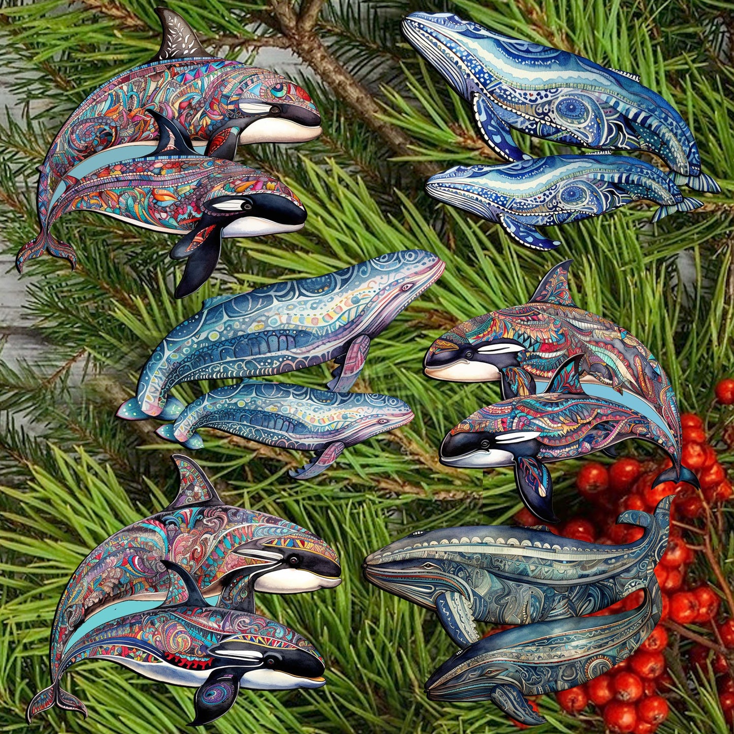 Embracing Whales Decorative Wooden Clip-on Ornaments Set of 6 by G. Debrekht - Wildlife Decor - 8090107C-S6