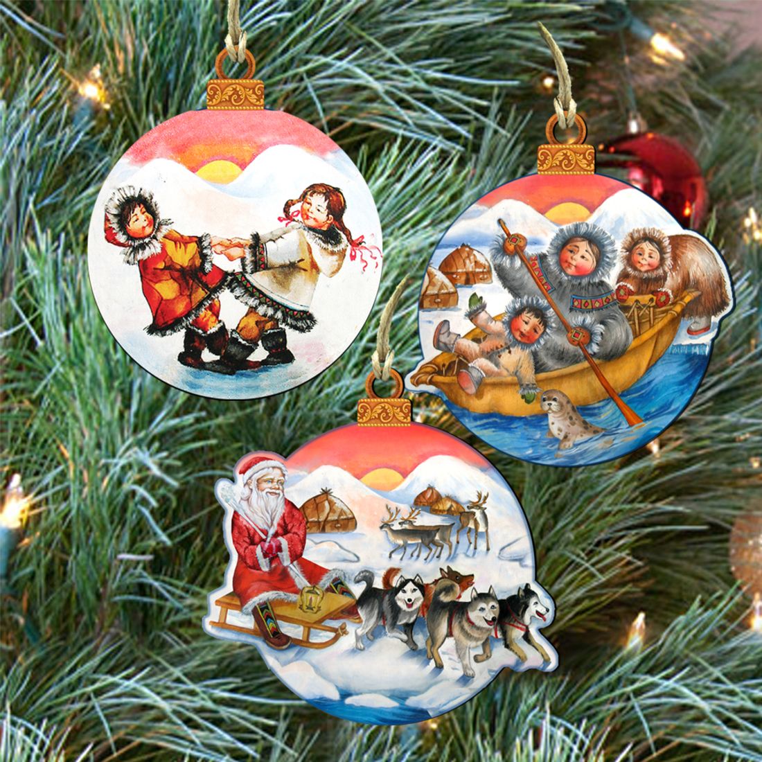 Arctic Adventure Wooden Ornaments Set of 3 by G. DeBrekht - Christmas Santa Snowman Decor - 8100012S3