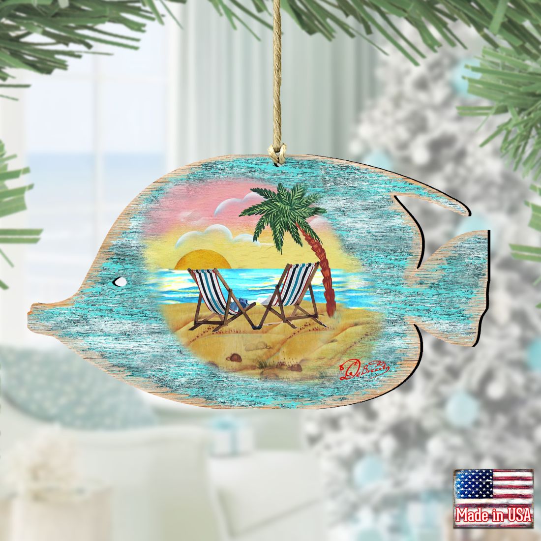 Rustic Tropical Fish Wooden Ornaments by G. DeBrekht - Coastal Holiday Decor - 8198527-2