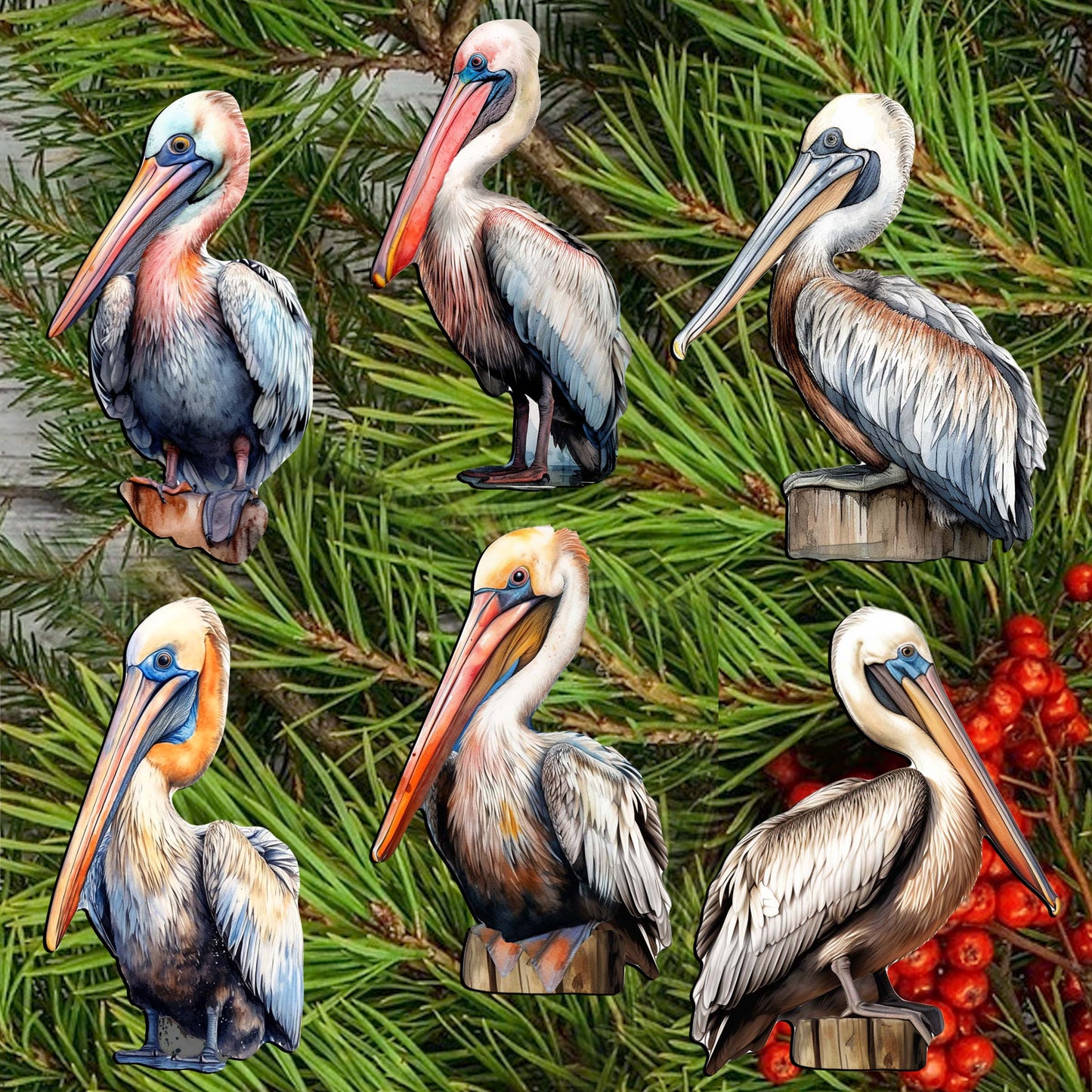 Pelicans Decorative Wooden Clip-on Ornaments of 6 by G. Debrekht - Christmas Decor - 8090014C-S6