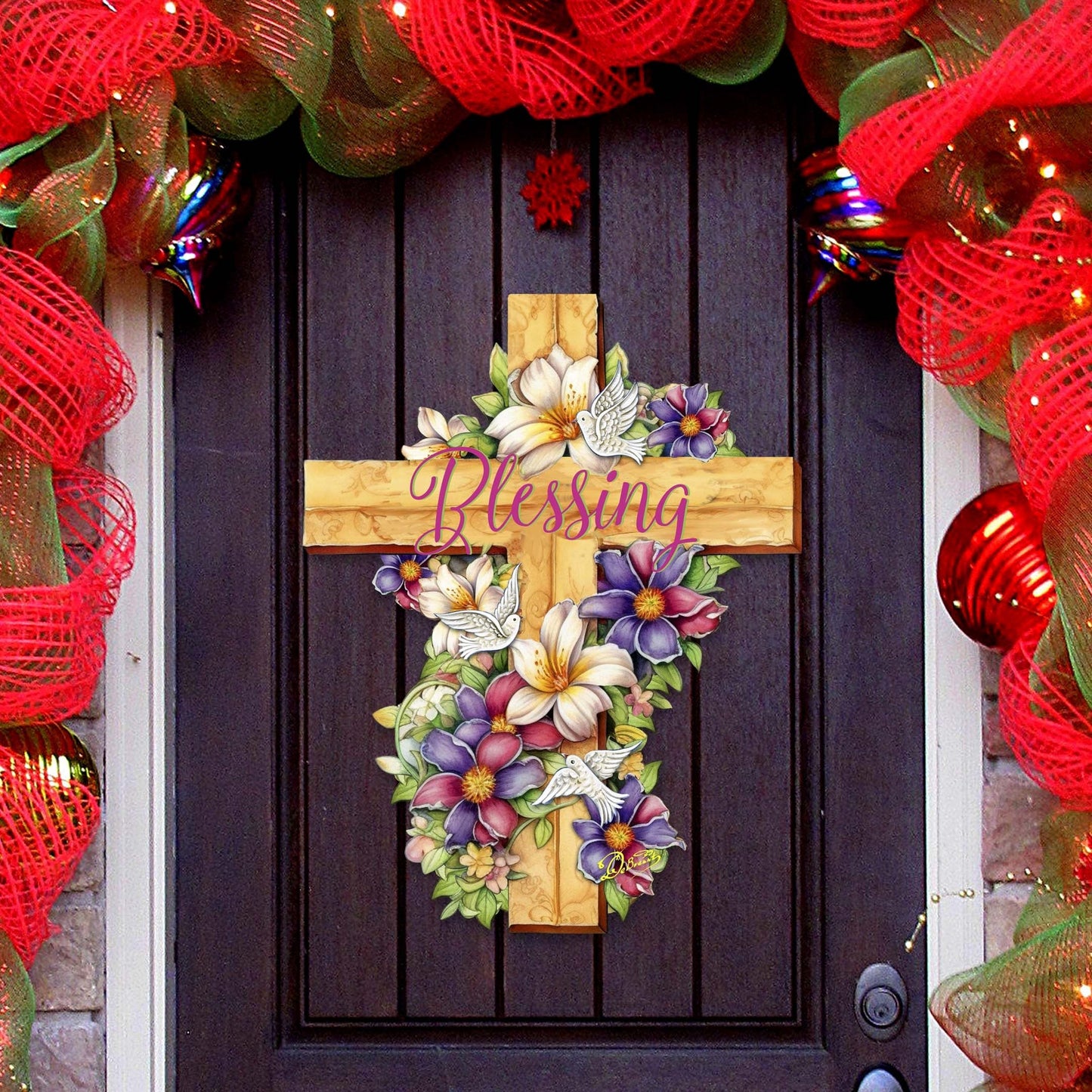 Floral Dove Blessing Cross Holiday Door Decor by G. Debrekht - Easter Spring Decor - 8688163H