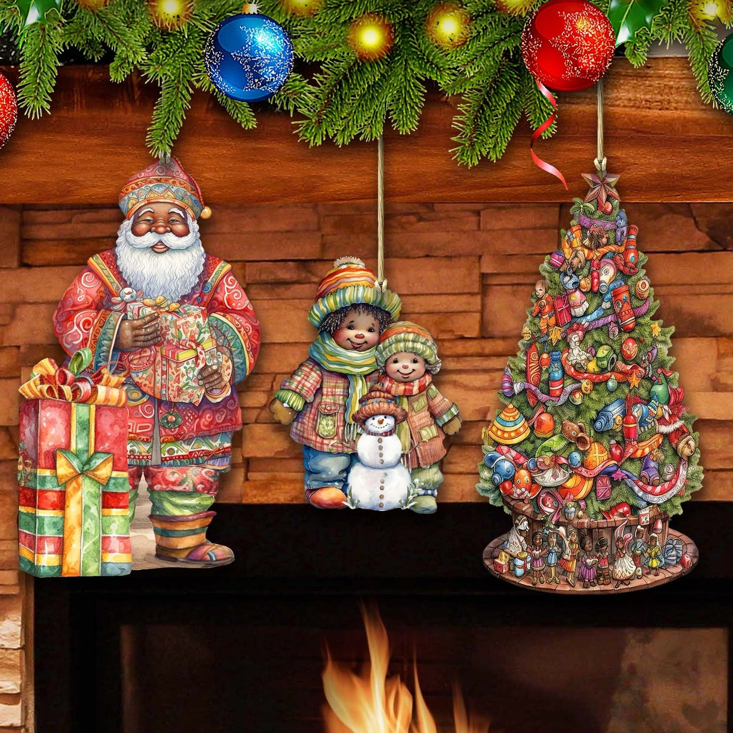 Santas Around the World - African-American Inspired Santa - Wooden Ornaments Set of 3 by G. DeBrekht Christmas Santa Snowman Decor - 8091310S3