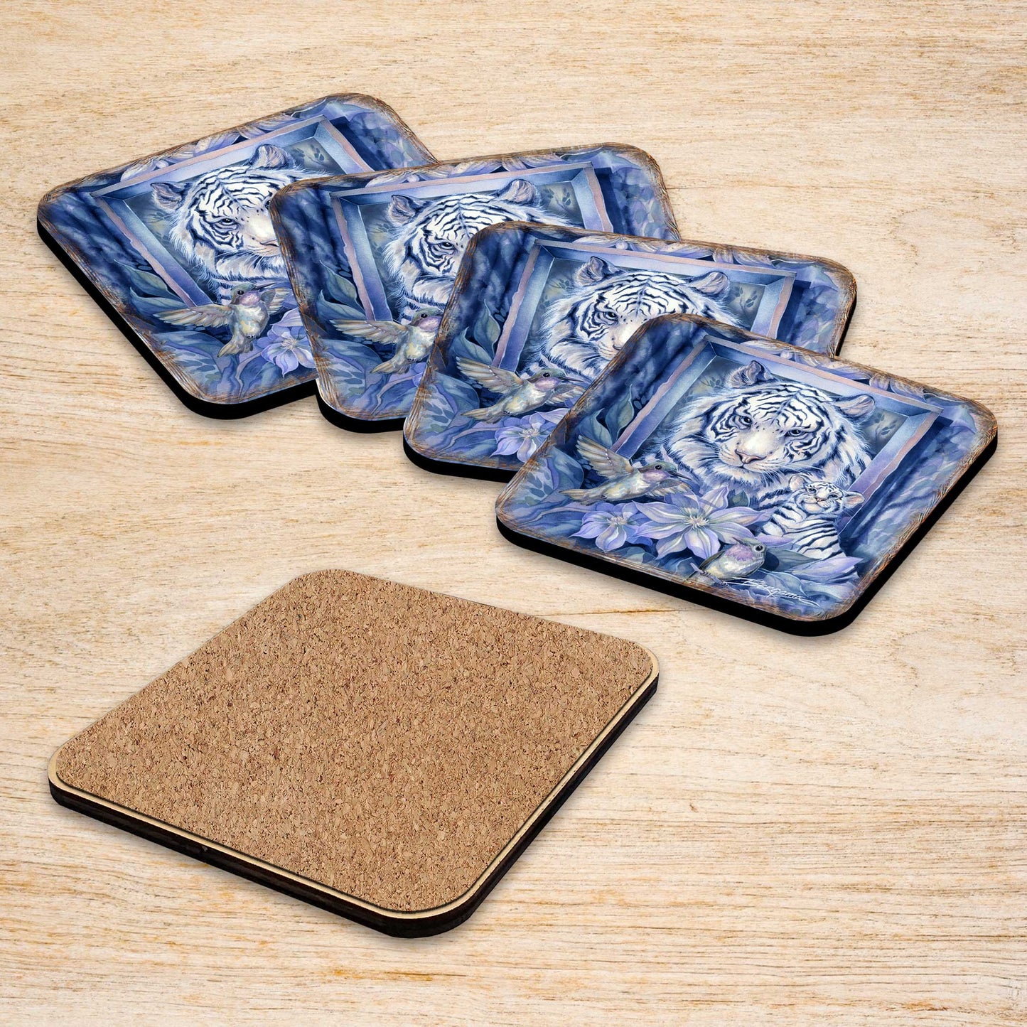 Tiger in the Garden Wooden Cork Coasters Gift Set of 4 by J. Bergsma - Wildlife Decor  - 8199461C-S4