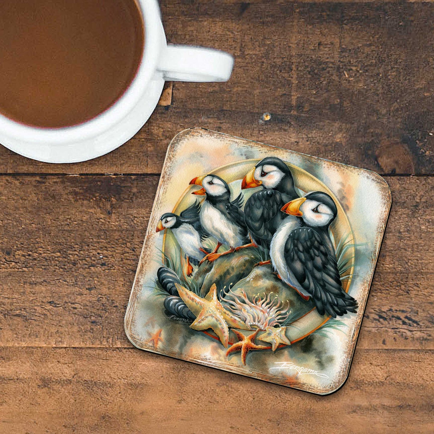 Puffins Wooden Cork Coasters Gift Set of 4 by J. Bergsma - Coastal Wildlife Decor  - 8199462C-S4