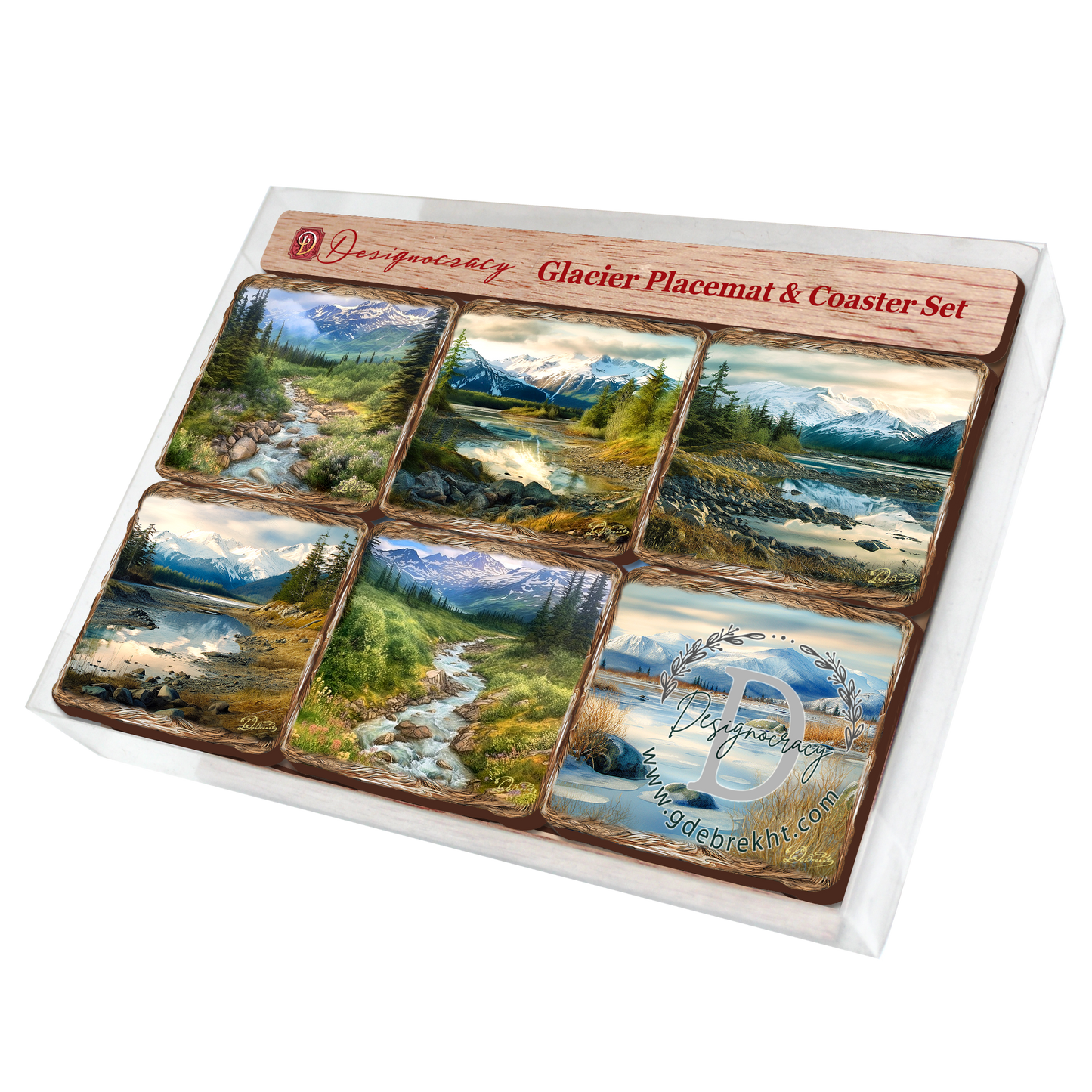 Mountain River Wooden Cork Placemat and Coasters Gift Set of 7 by Nature Wonders Nature Wildlife Decor  - 85407C-S7