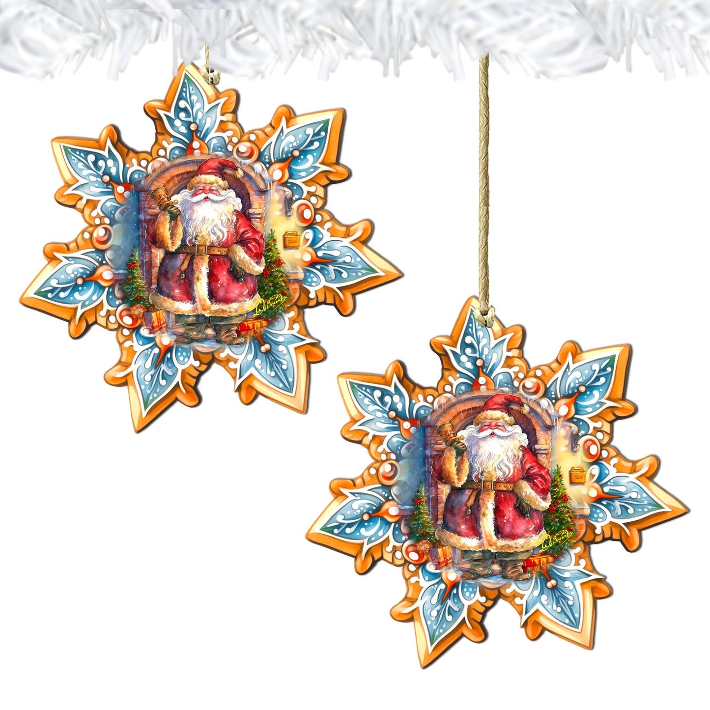 Santa with Bell Snowflake Wooden Ornaments by G. Debrekht - Christmas Santa Snowman Decor - 8688419