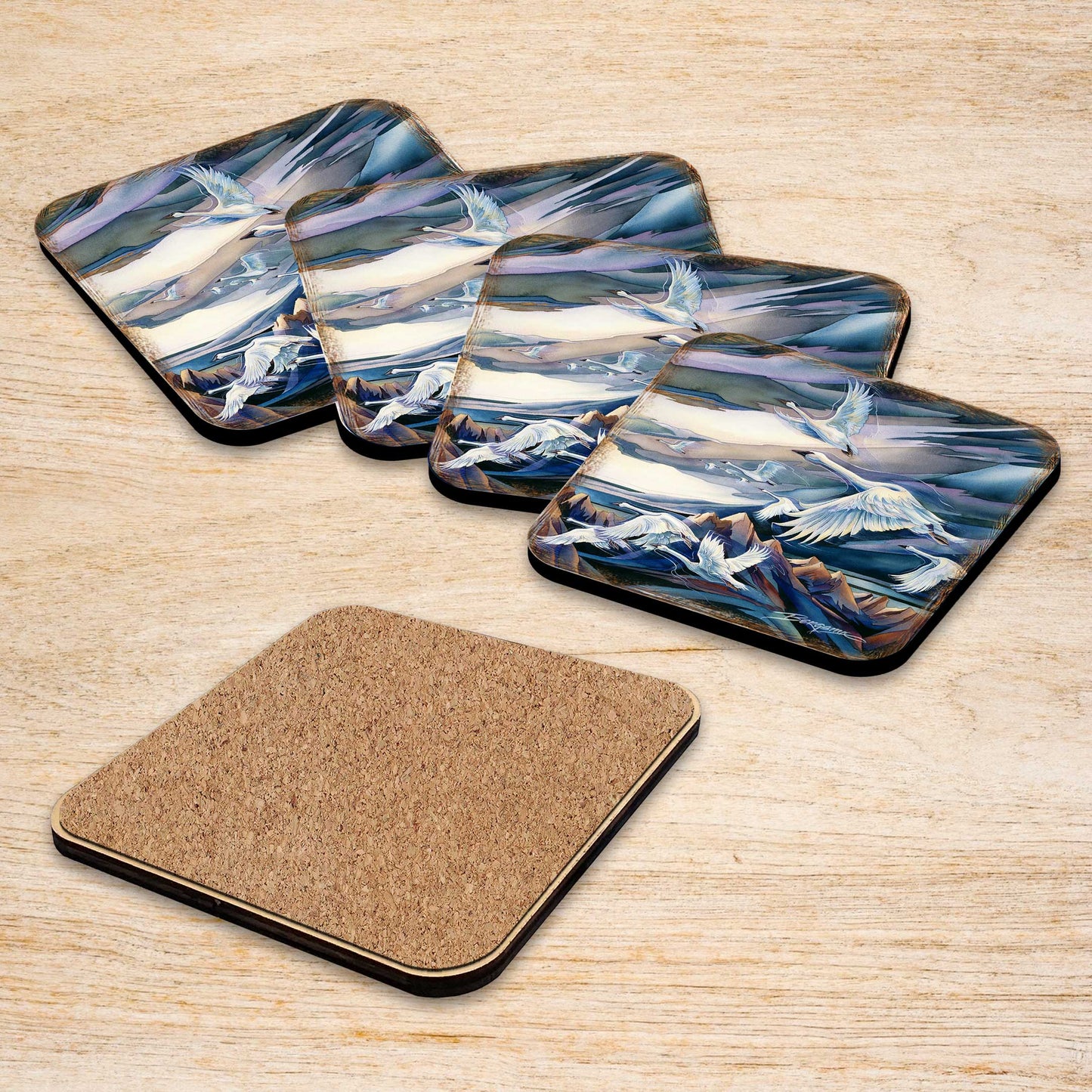 Flying Swans Wooden Cork Coasters Gift Set of 4 by J. Bergsma - Coastal Decor  - 8199457C-S4