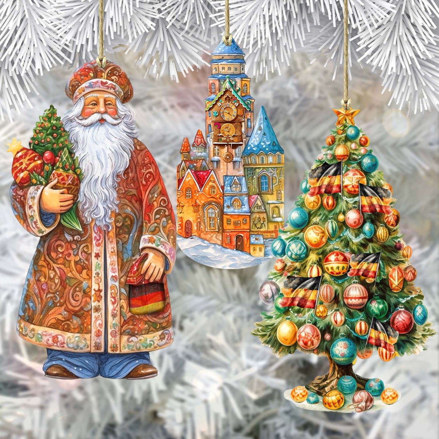 Santas Around the World - German Inspired Santa - Wooden Ornaments Set of 3 by G. DeBrekht Christmas Santa Snowman Decor - 8091304S3