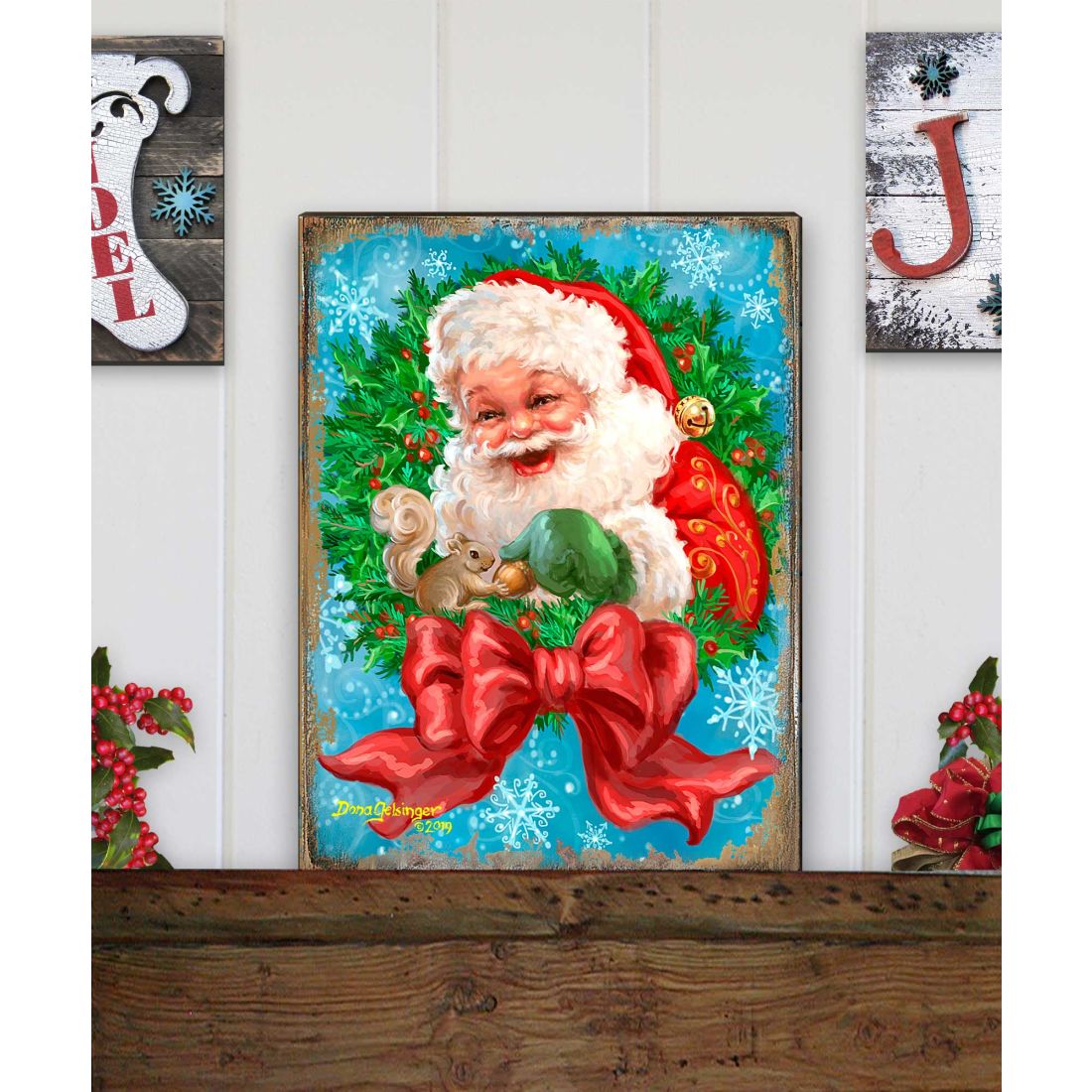 Santa Bow Wreath Art Wooden Wall Art by D. Gelsinger - Christmas Santa Snowman Decor - 95606B-1309