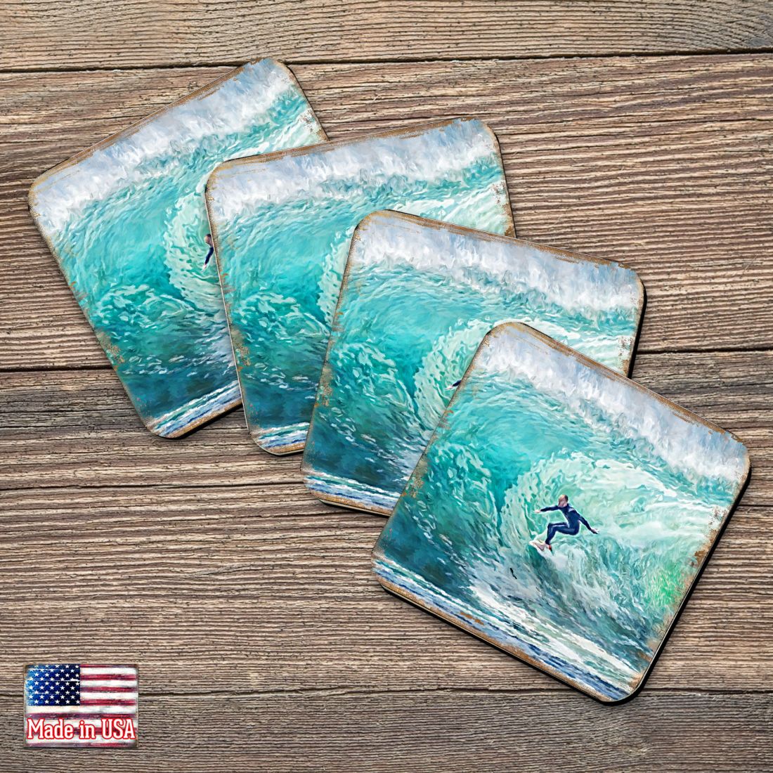 Surfer Coastal Wooden Cork Coasters Gift Set of 4 by Nature Wonders - Coastal Sea-Life Decor - 95227C-S4
