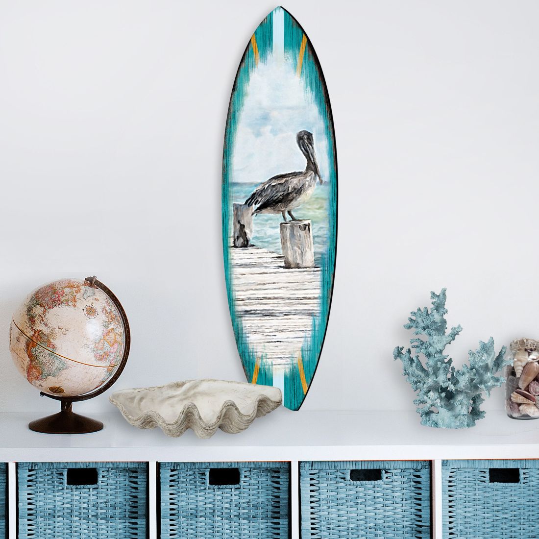 Pelican Surfboard Coastal Door Art by G. DeBrekht - Coastal Sea-Life Decor - 8490107HS