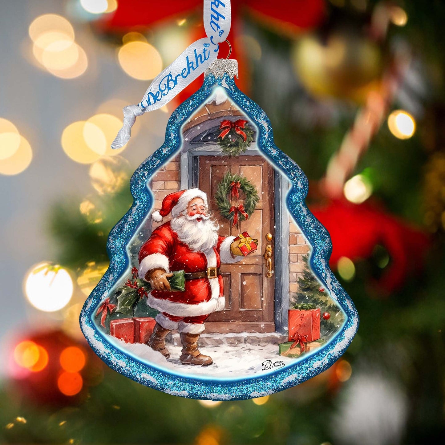 Santa Knocking at the Door Tree Glass Ornament by G. Debrekht - Christmas Santa Snowman Decor - 762-030