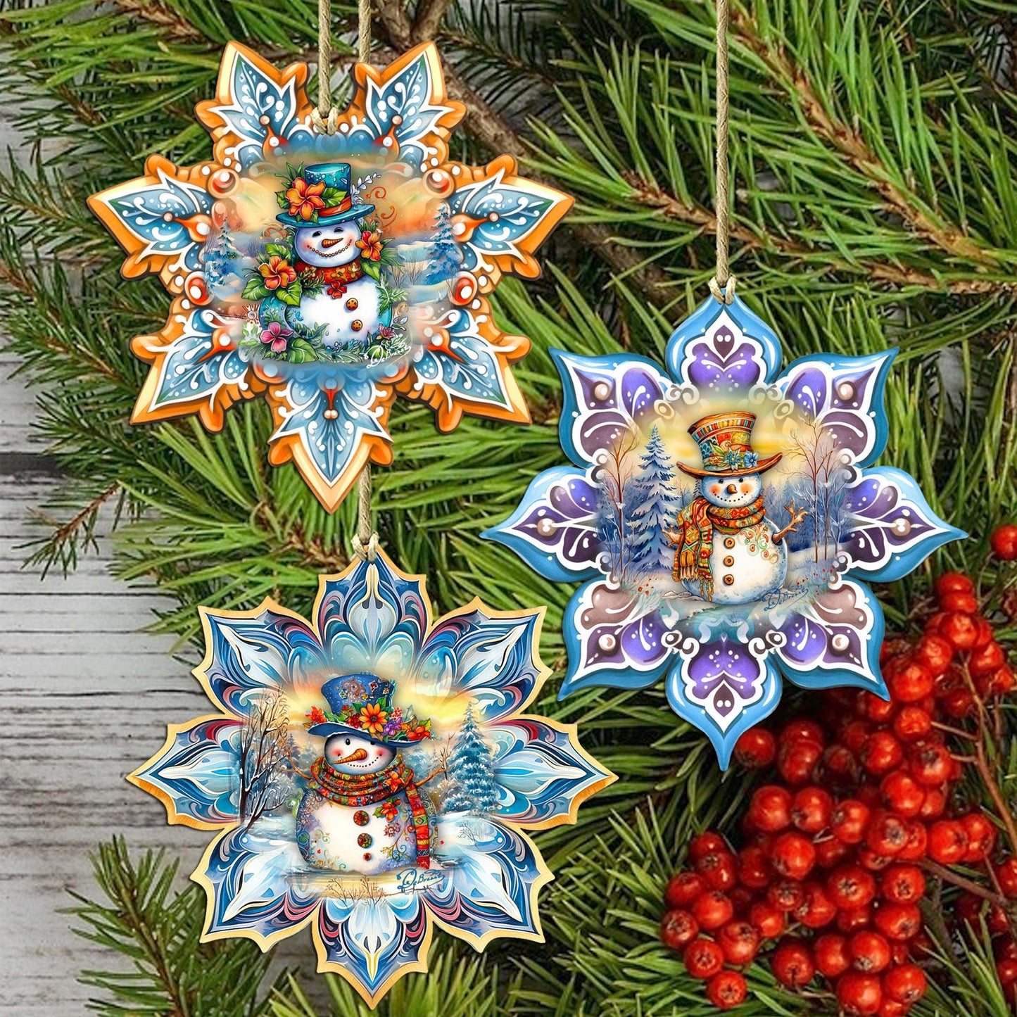 Happy Snowman Snowflake Wooden Ornaments Set of 3 by G. Debrekht - Christmas Decor - 8090149-S3