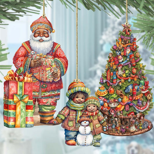 Santas Around the World - African-American Inspired Santa - Wooden Ornaments Set of 3 by G. DeBrekht Christmas Santa Snowman Decor - 8091310S3