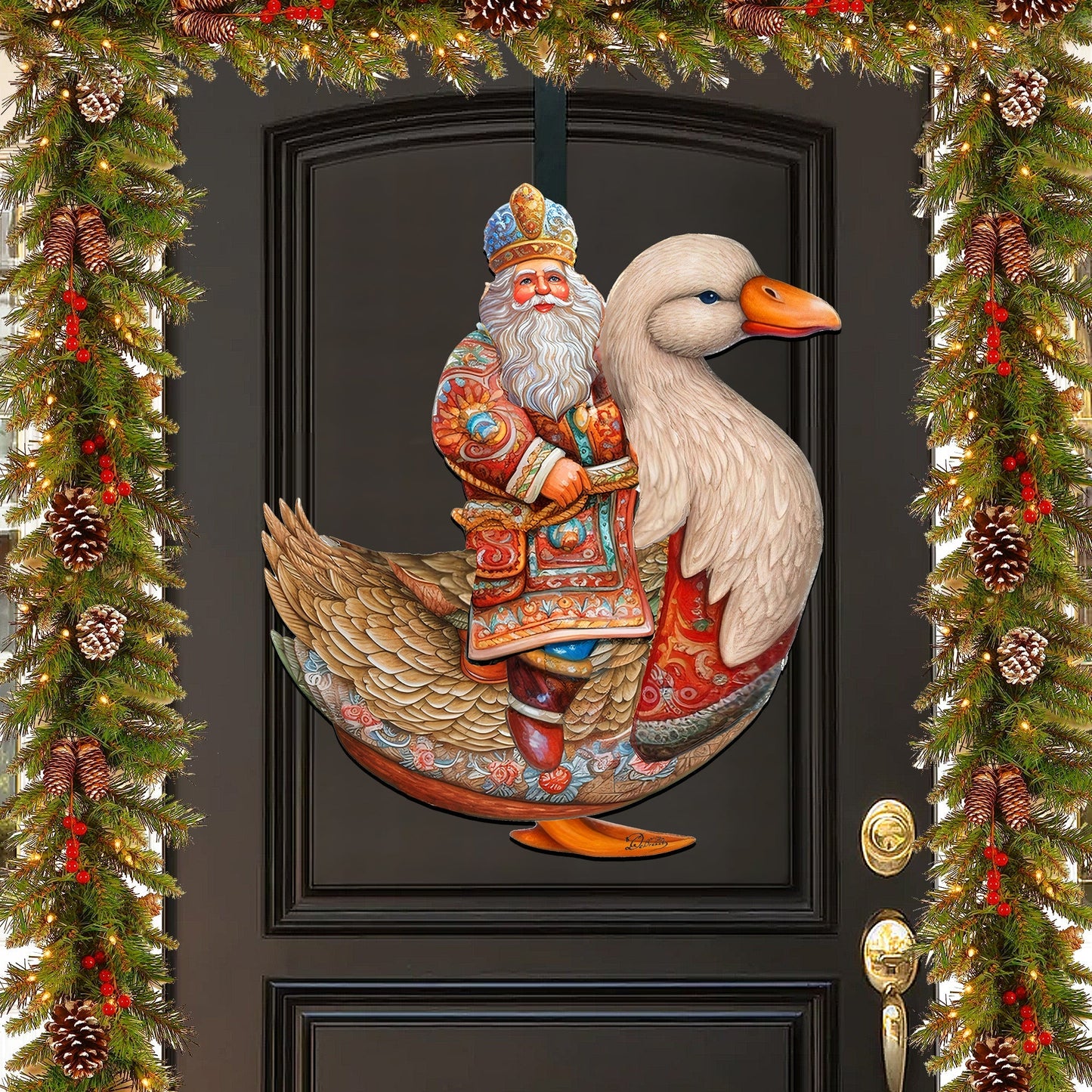 Charming Santa Riding Goose Holiday Door Decor by G. Debrekht - Christmas Santa Snowman Decor - 8611063H