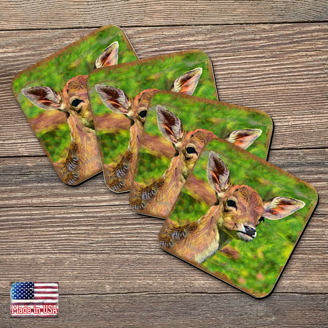 Deer Face Wooden Cork Coasters Gift Set of 4 by Nature Wonders - Nature Wildlife Decor  - 95288C-S4