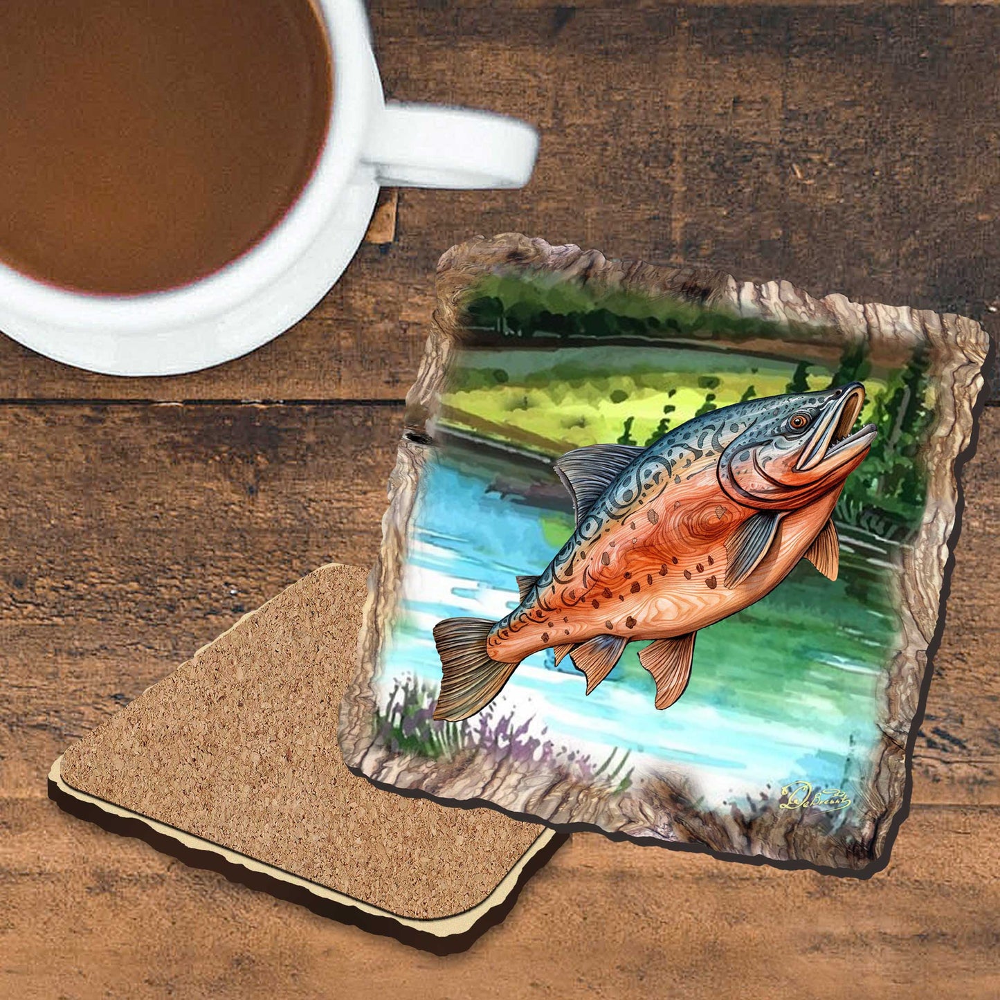 Salmon Wooden Cork Coasters Gift Set of 4 by Nature Wonders Coastal Nature Wildlife Decor  - 95394C-S4