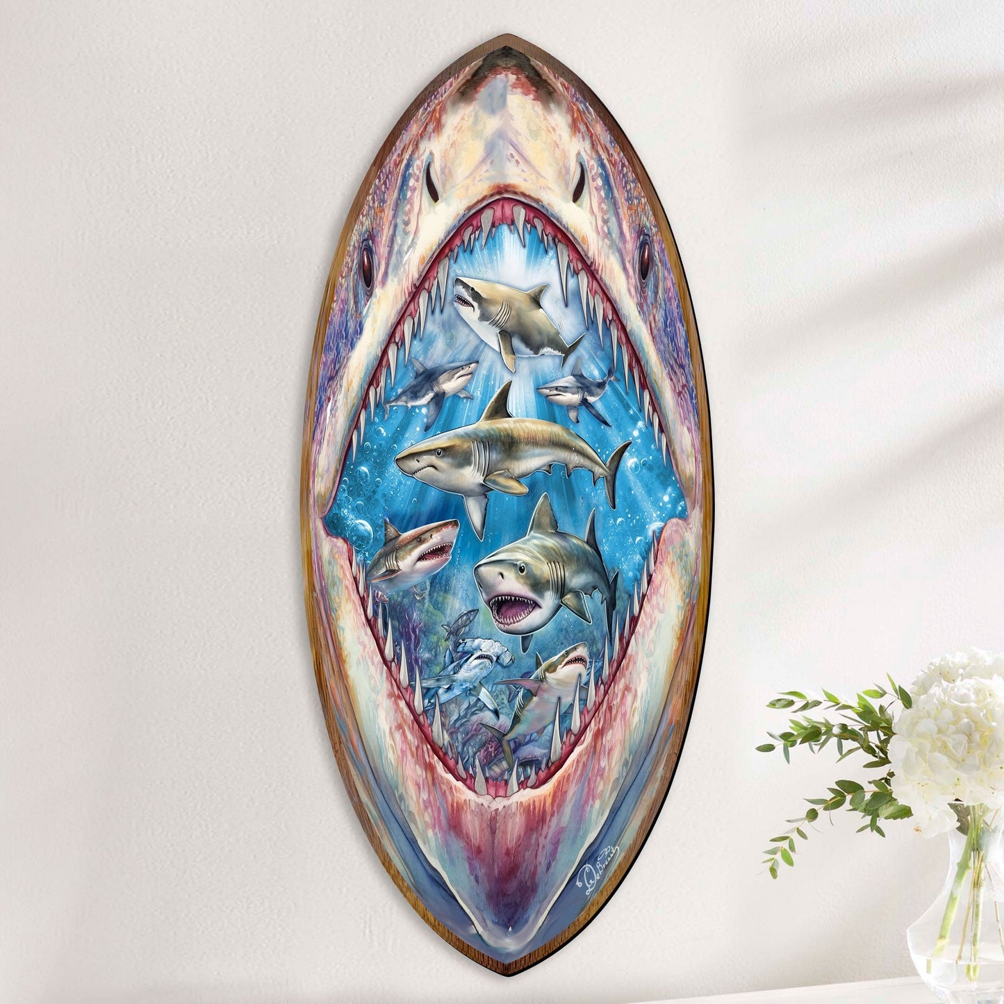 Shark Pull Coastal Surfboard Wall Art  Handcrafted Ocean Decor by G. DeBrekht - Coastal Holiday Decor - 8490138HS