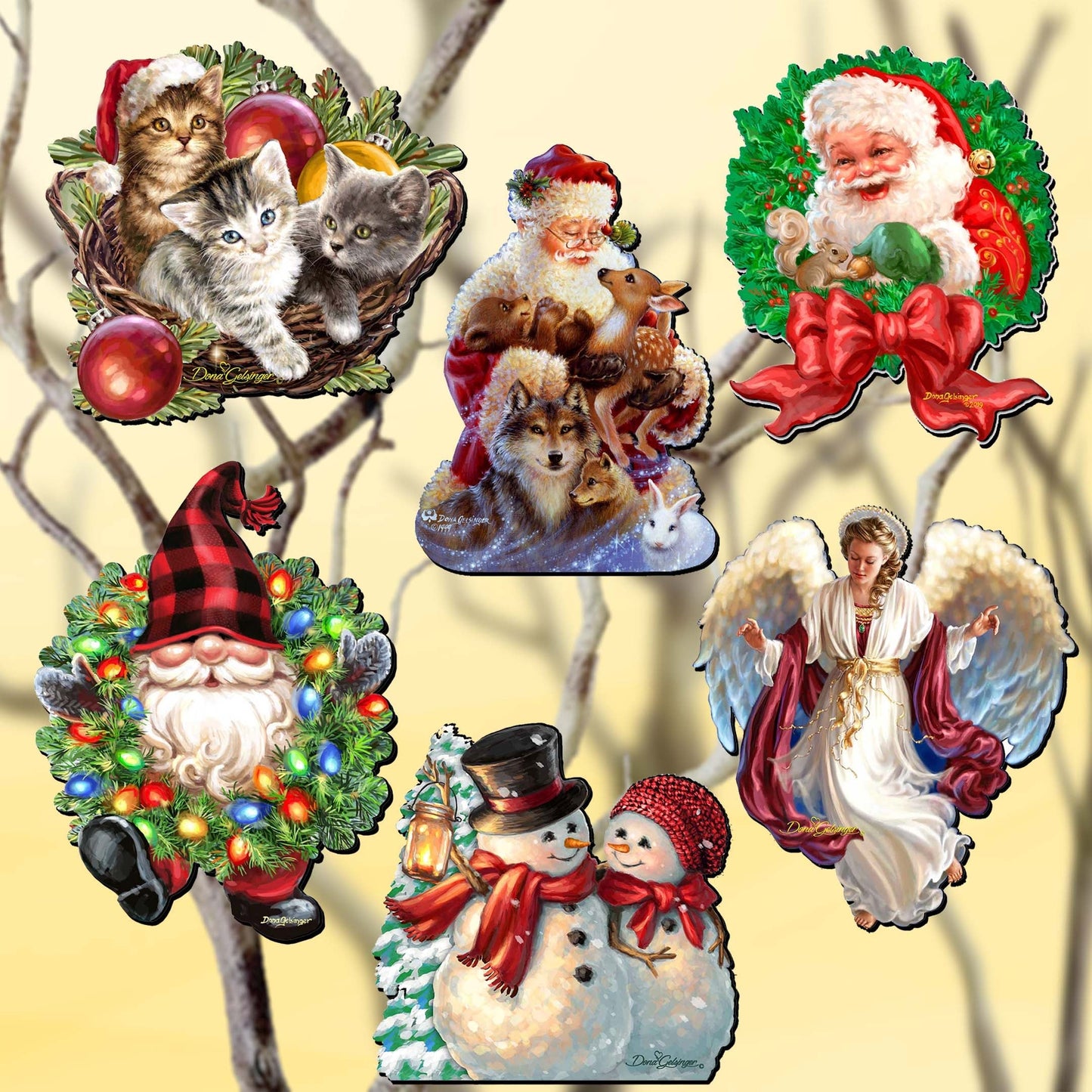 Santa and Friends Decorative Wooden Clip-on Ornaments Set of 6 by D. Gelsinger - Christmas Decor - 8090134C-S6