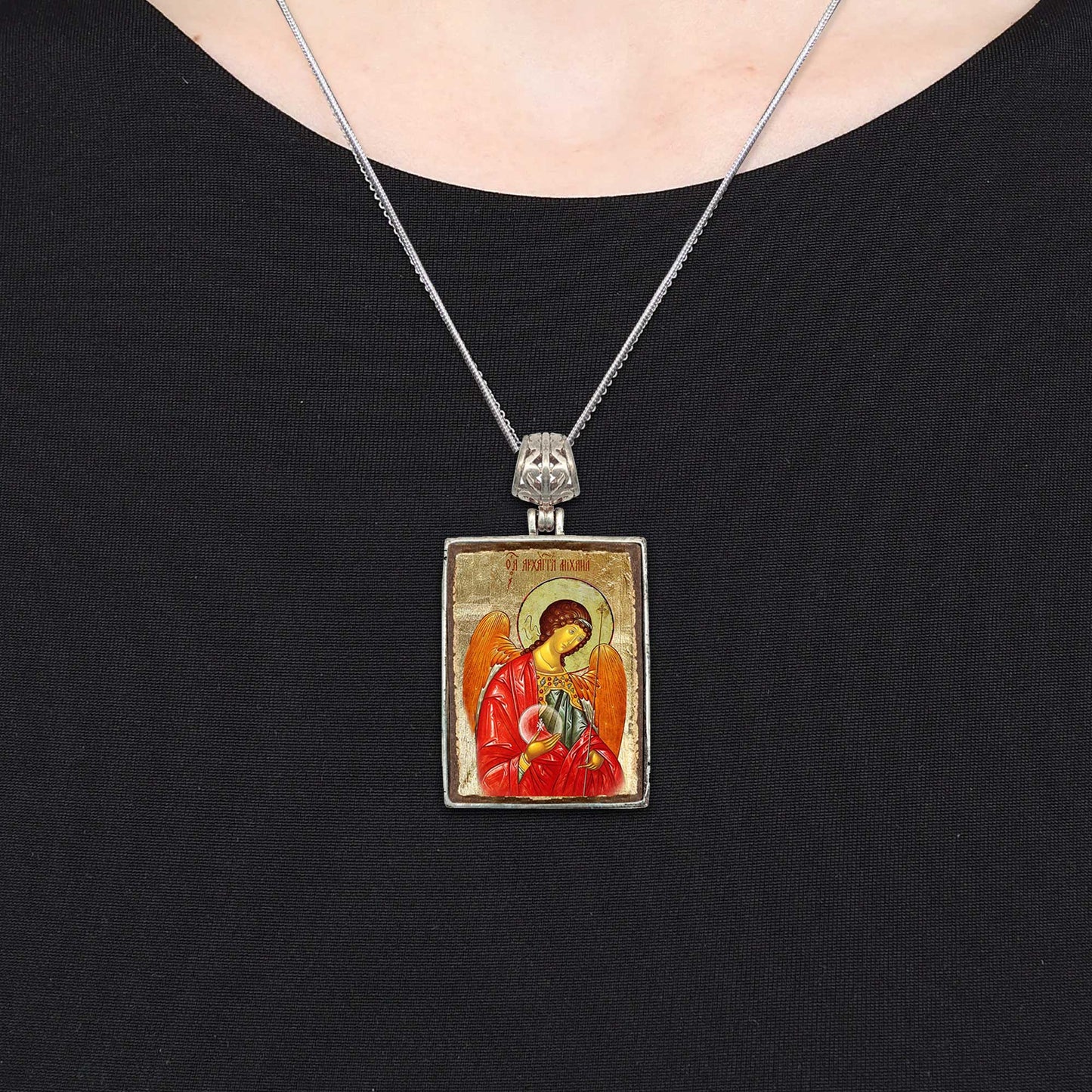 Saint Michael Religious Jewelry Silver Plated Necklace, Gold-Plated Wooden Cabochon - Christian Sacred Icon - Inspirational Icon Decor - 43027R