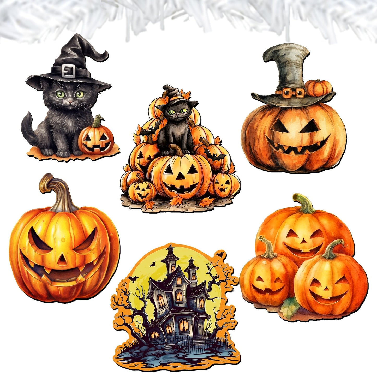 Spooky pumpkins Decorative Wooden Clip-on Ornaments of 6 by G. Debrekht - Halloween Decor - 8090019C-S6