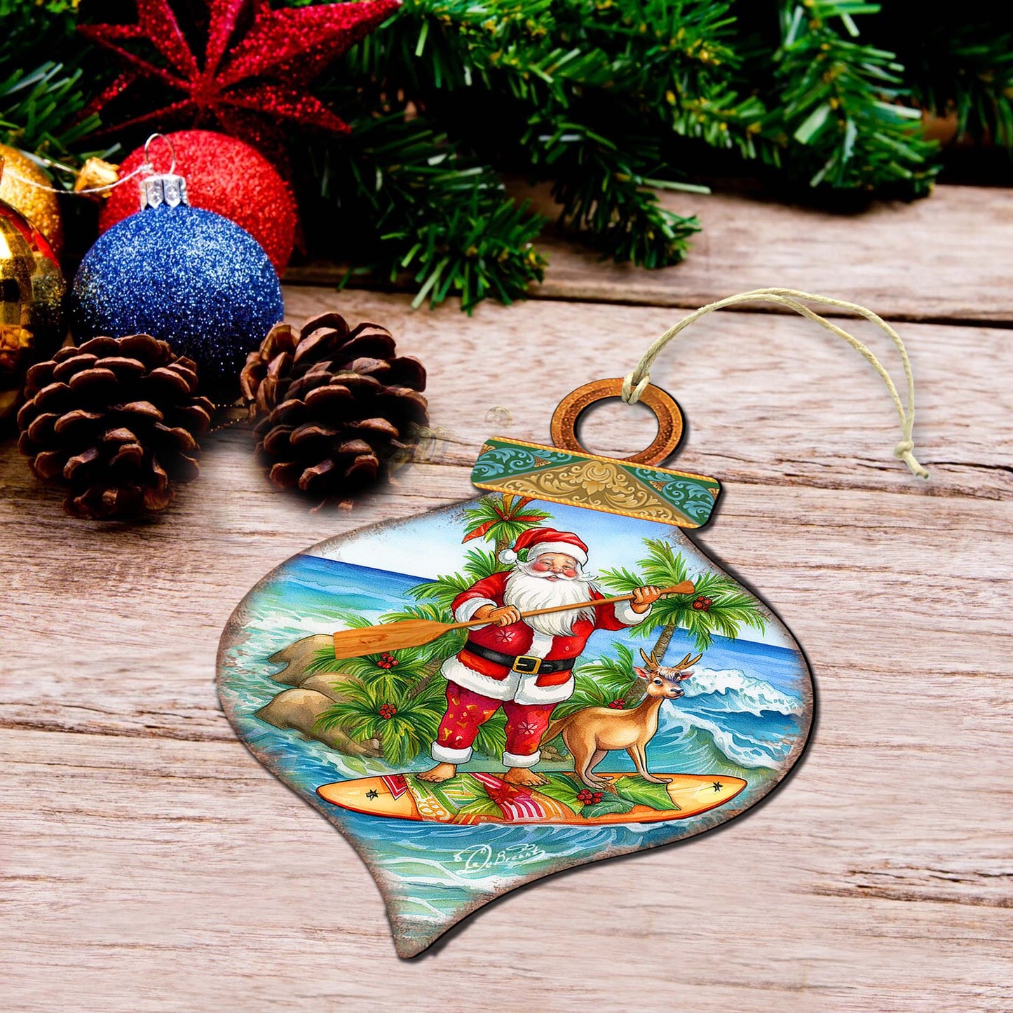 Beach Themed Ornaments - Santa's Surf Wooden Ornaments by G.Debrekht Coastal Holiday Decor - 8688187