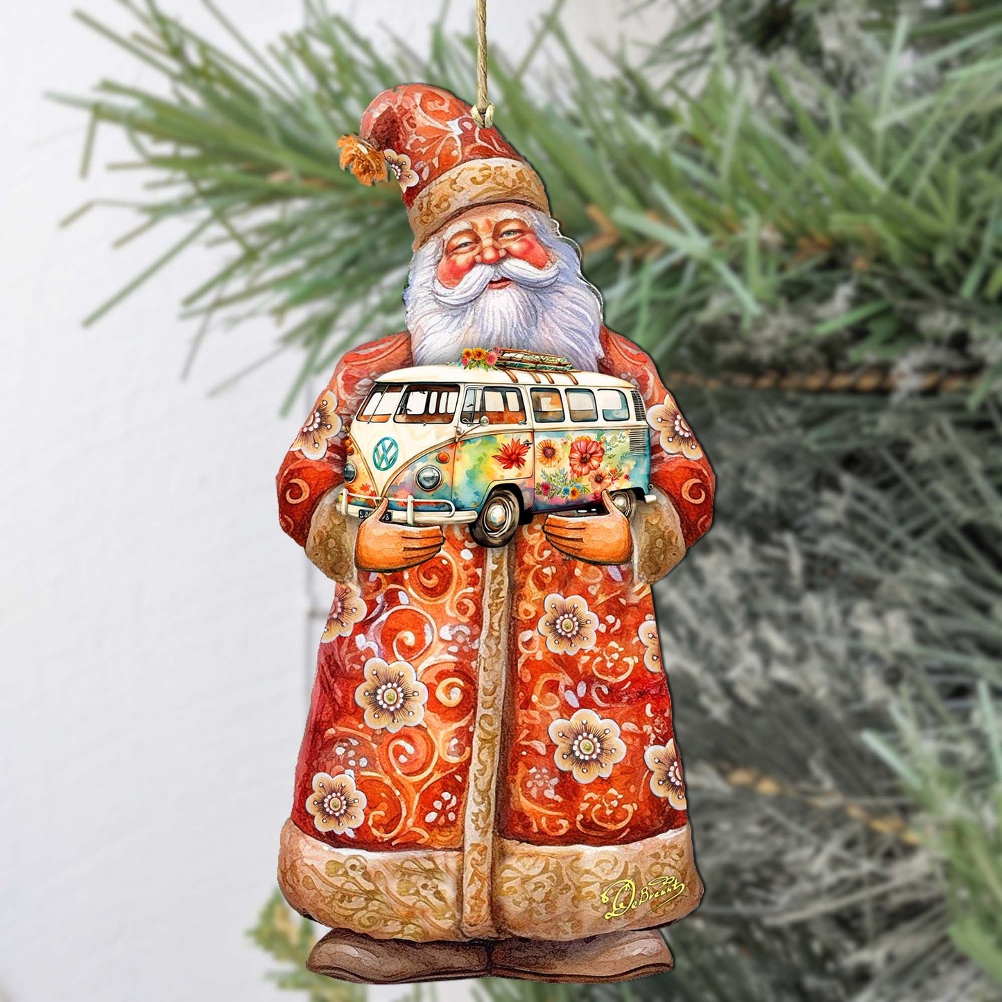 Santa with Van Wooden Ornaments by G. Debrekht - Christmas Santa Snowman Decor - 8691407