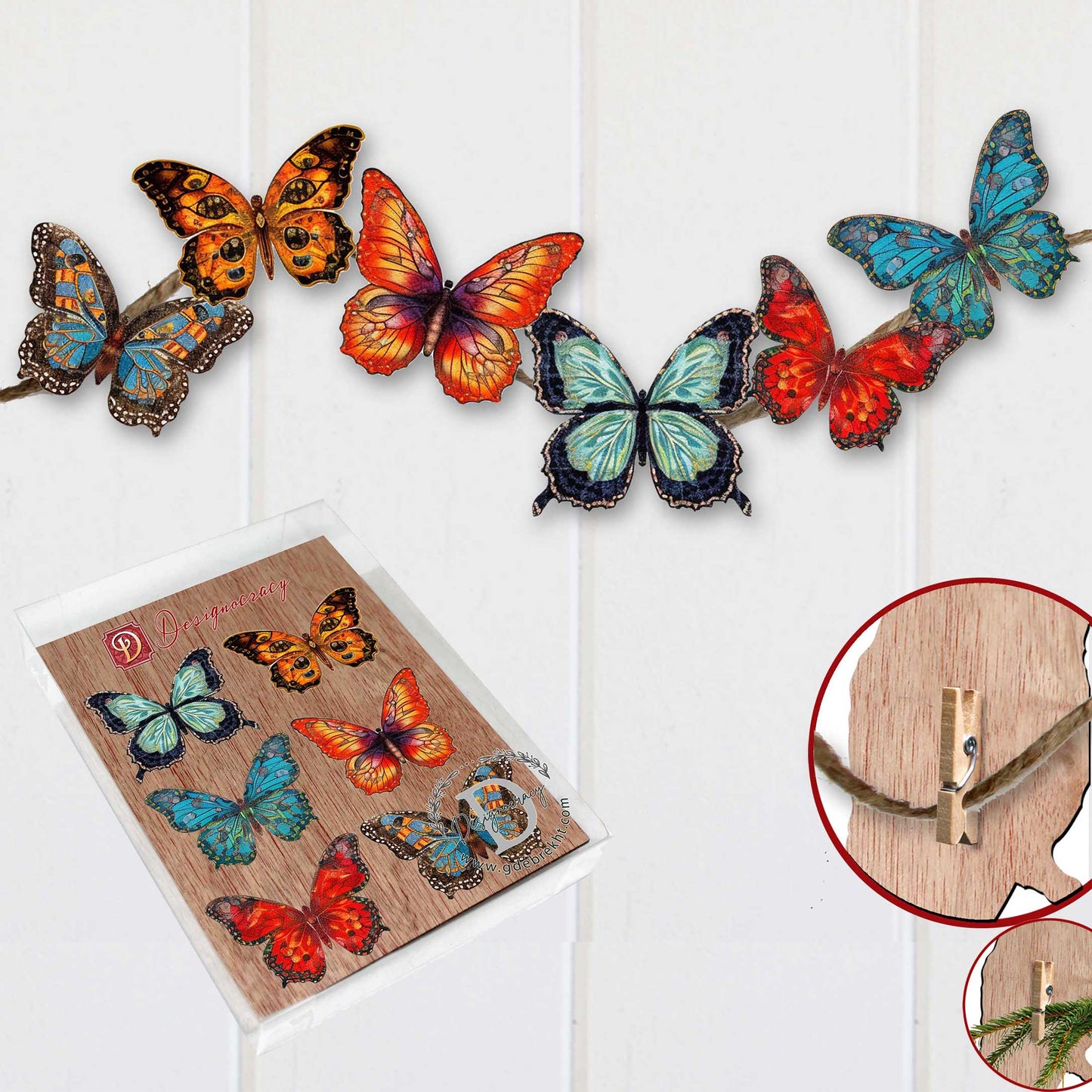 Summer Butterfly Decorative Wooden Clip-on Ornaments of 6 by G. Debrekht - Christmas Decor - 8090012-2C-S6