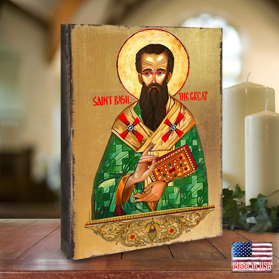 Saint Basil Wooden Gold Plated Religious Christian Sacred Icon - Inspirational Icon Decor - 85053