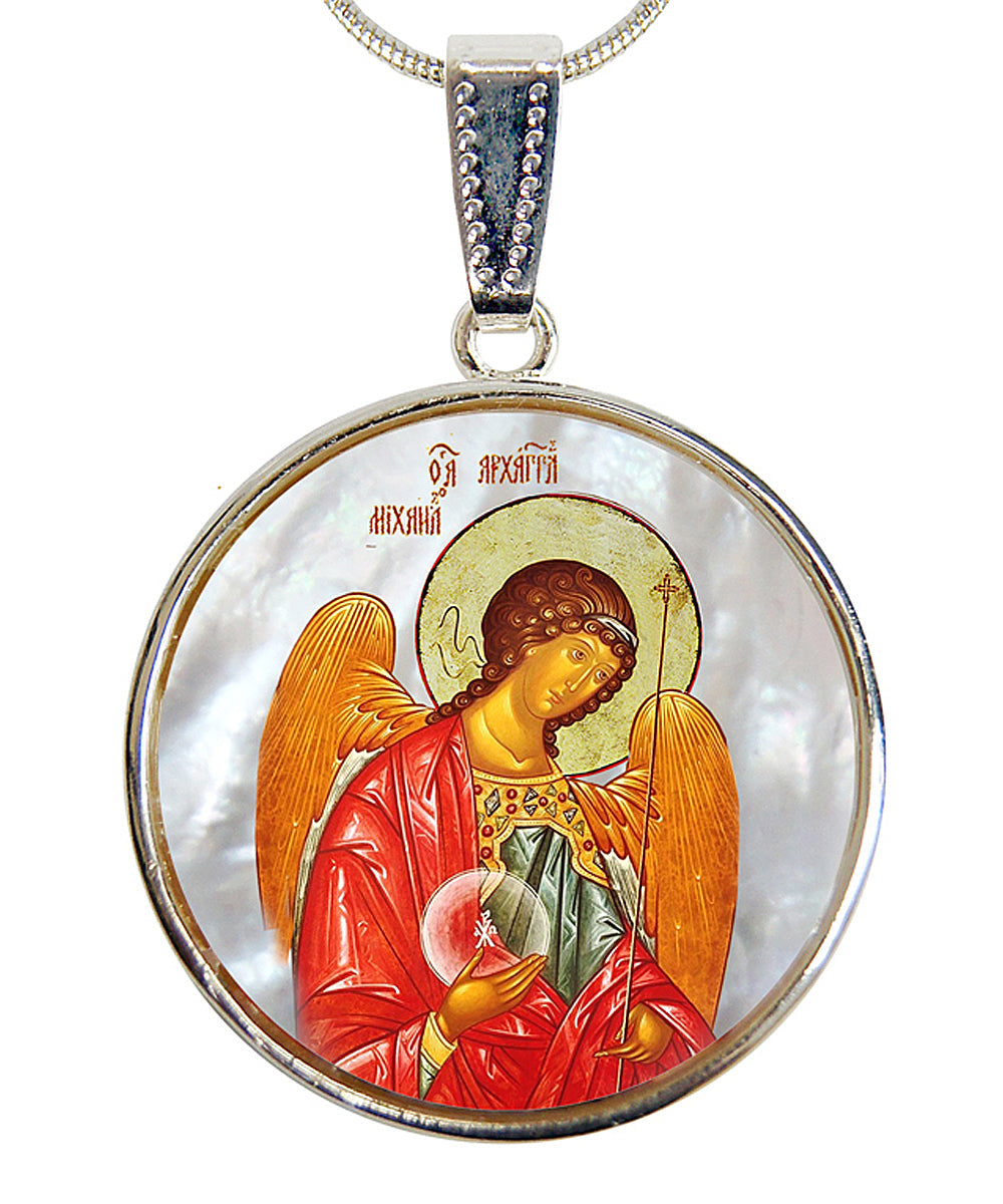 Saint Michael the Archangel Silver Plated Mother of Pearl Necklace - 43027