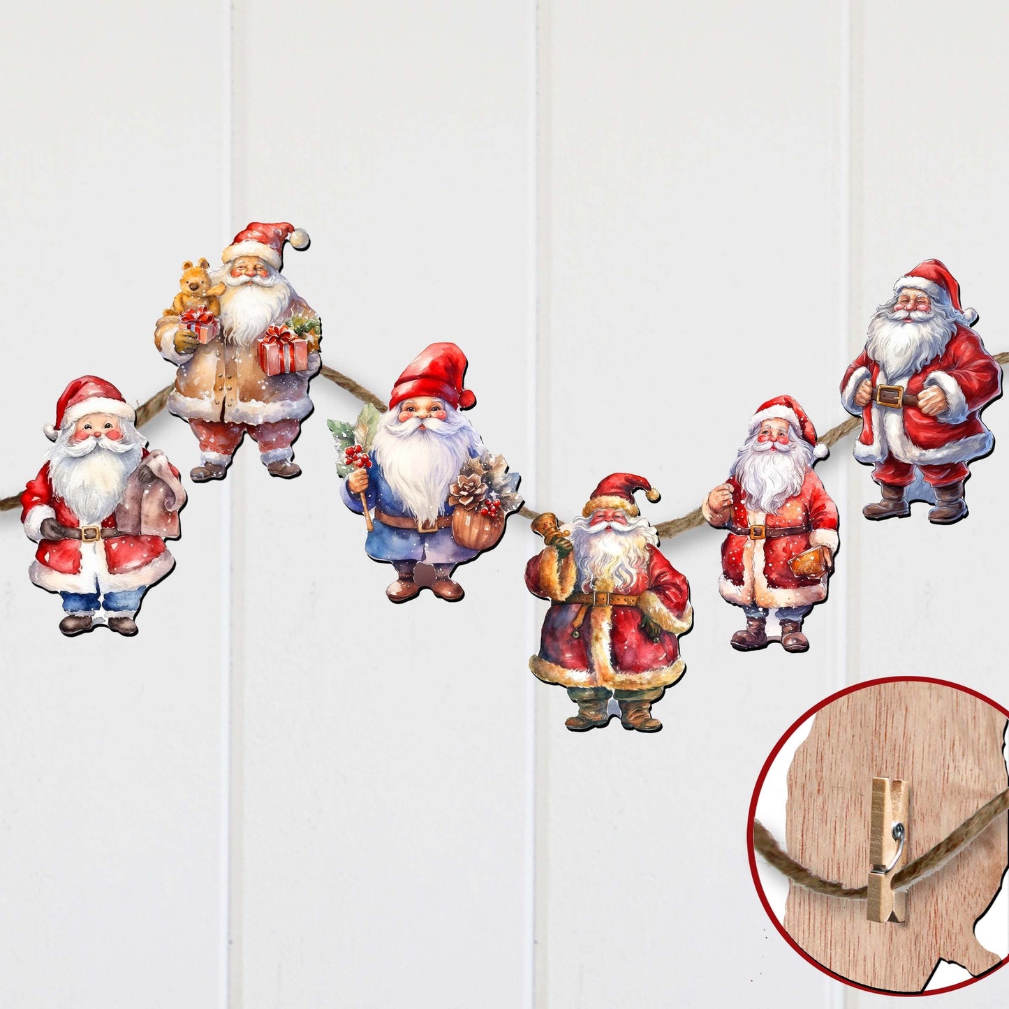 Santa Decorative Wooden Clip-on Ornaments of 6 by G. Debrekht - Christmas Decor - 8090009C-S6