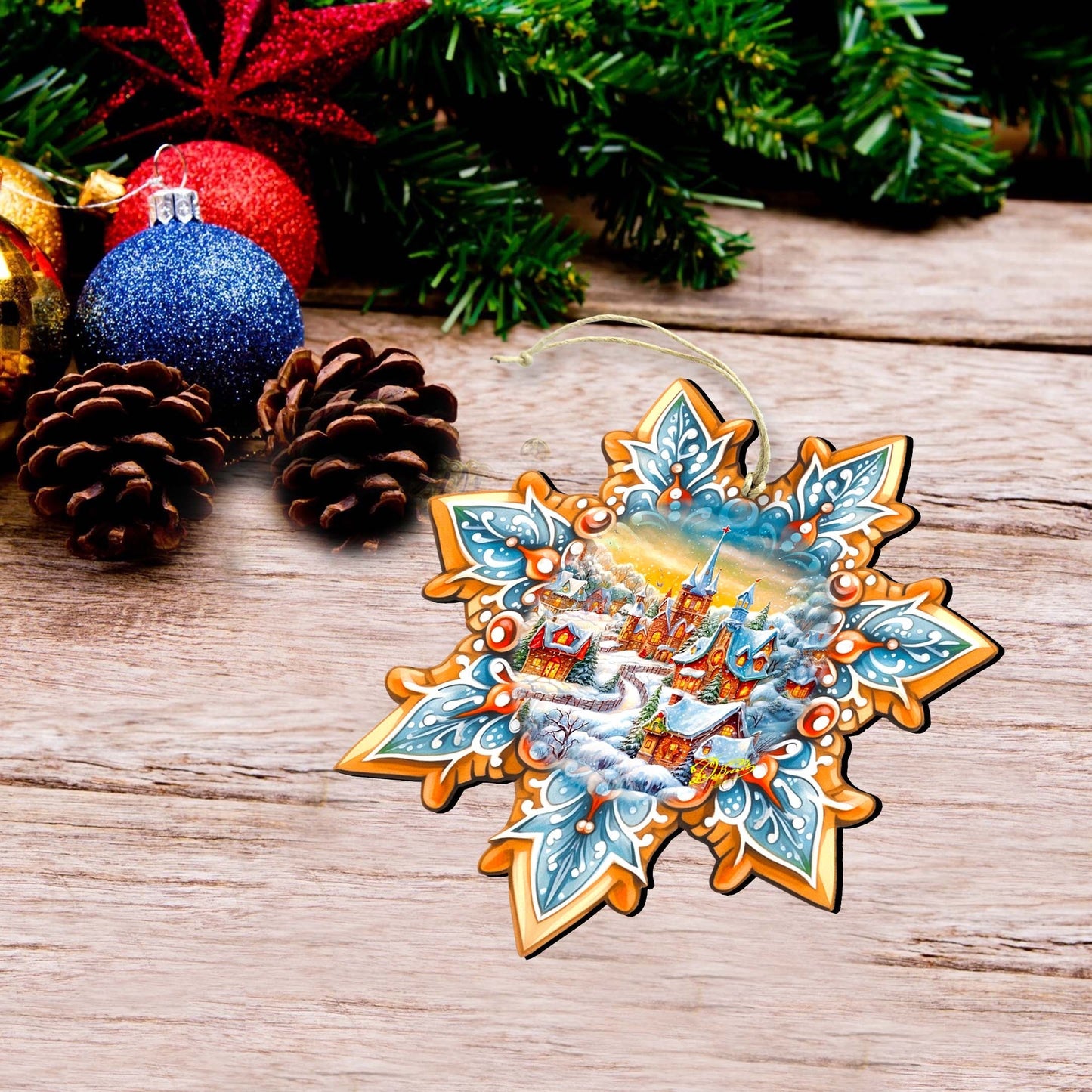 Winter Village Snowflake Wooden Ornaments Set of 3 by G. Debrekht - Christmas Decor - 8090146-S3