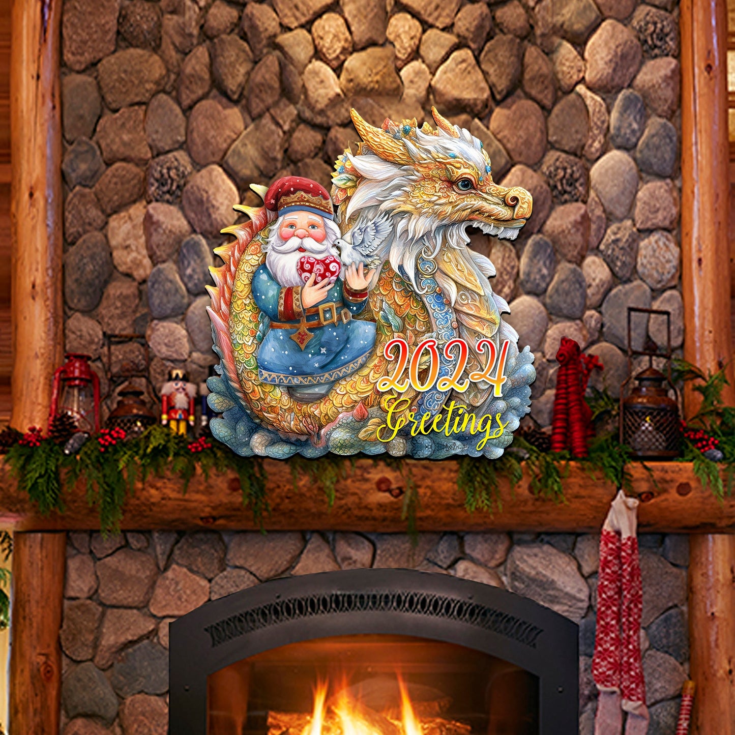 2024 Dated Santa with Dragon Holiday Door Decor by G. Debrekht - Christmas Santa Snowman Decor - 8611088H