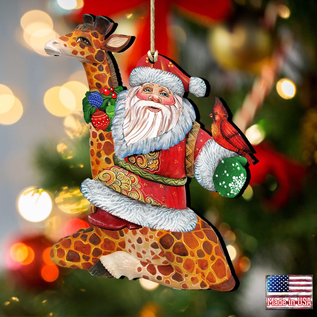 Santa On Giraffe Wooden Ornaments by G. DeBrekht - Christmas Santa Snowman Decor - 8111360