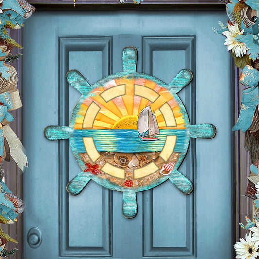Captains Wheel Coastal Outdoor Door Decor by G. DeBrekht - Coastal Holiday Decor - 8198536H