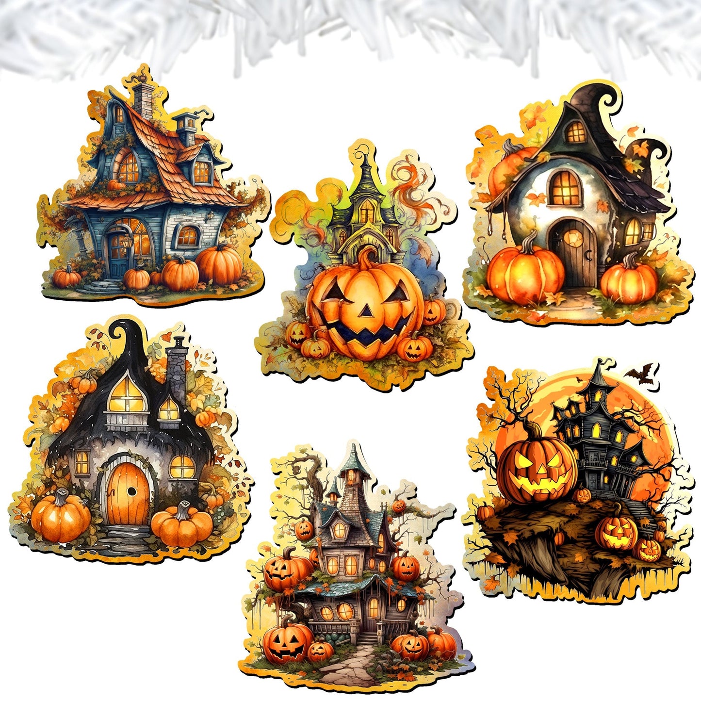 Spooky Houses Decorative Wooden Clip-on Ornaments of 6 by G. Debrekht - Halloween Decor - 8090007C-S6