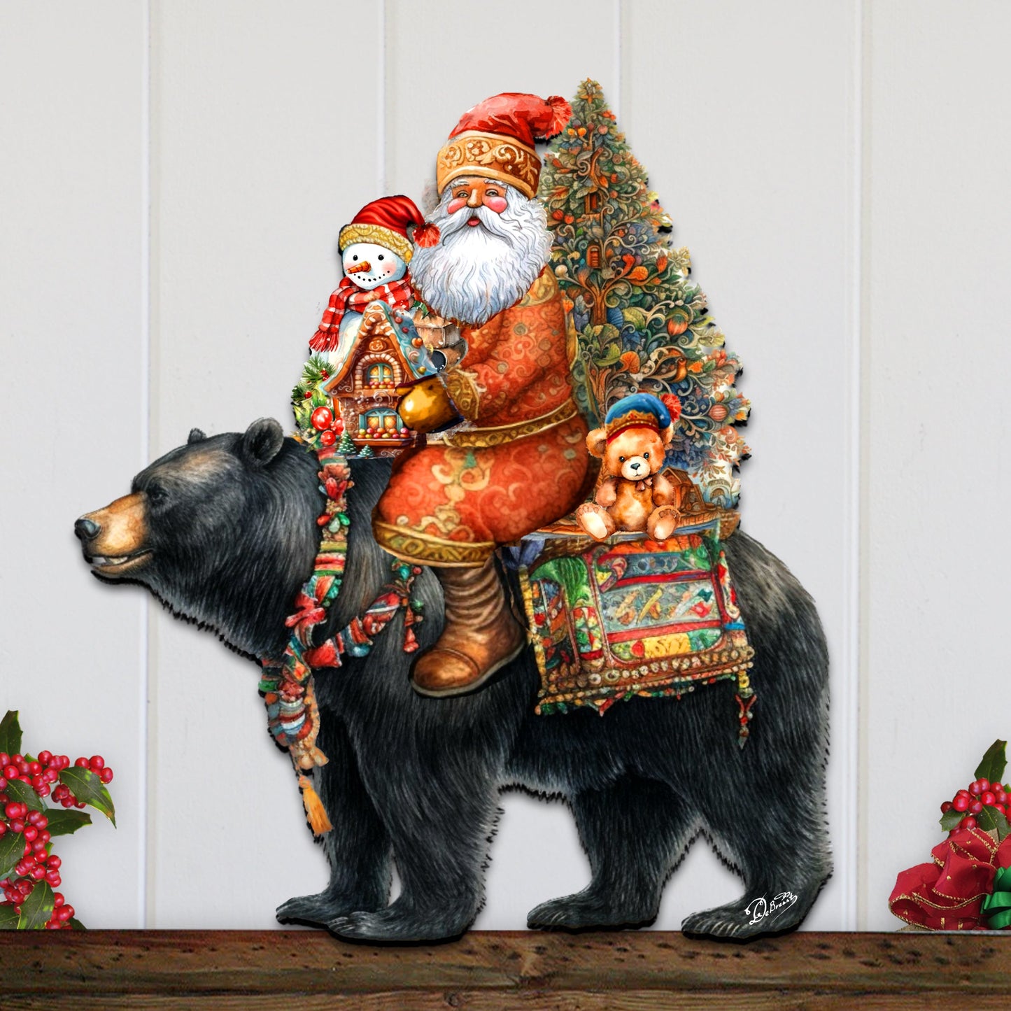 Santa Claus and Black Bear Friend Holiday Door Decor by G. Debrekht - Christmas Santa Snowman Decor - 8611064H