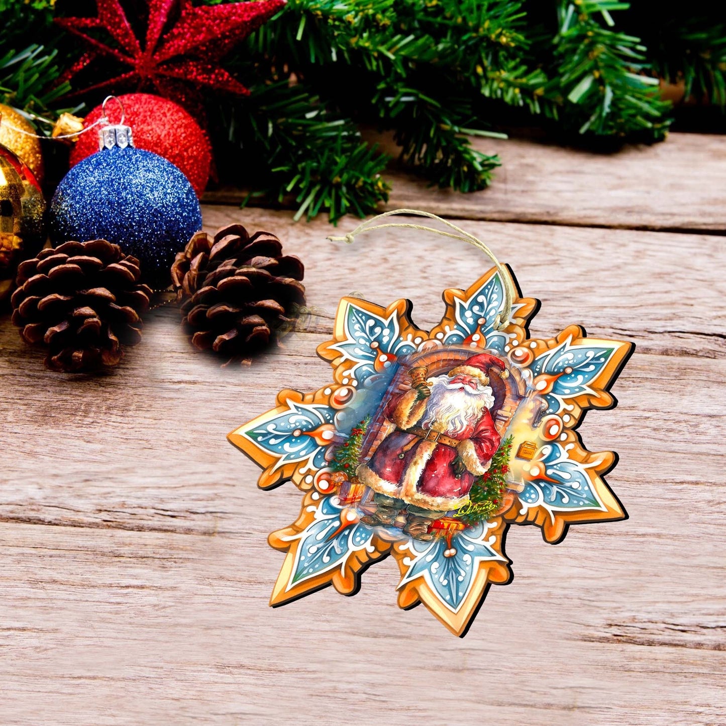 Santa's Greetings Snowflake Wooden Ornaments Set of 3 by G. Debrekht - Christmas Decor - 8090147-S3