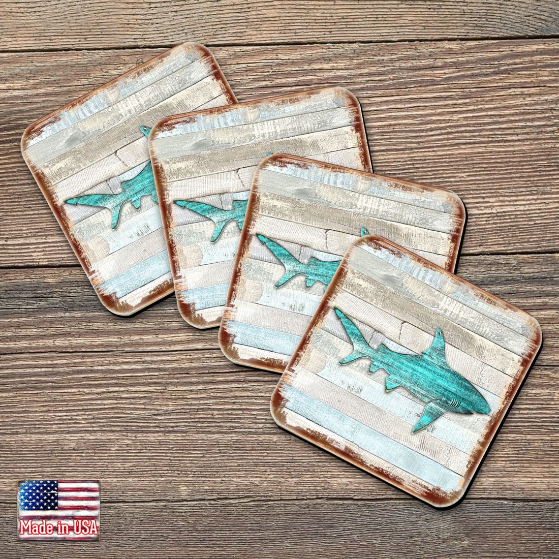 Shark Coastal Wooden Cork Coasters Gift Set of 4 by Nature Wonders - Coastal Sea-Life Decor - 8198515-9C-S4