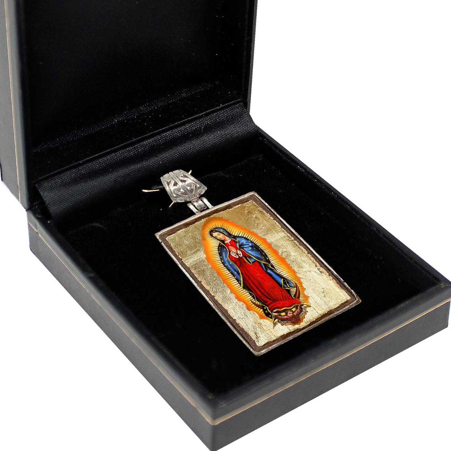 Lady of Guadalupe Religious Jewelry Silver Plated Necklace, Gold-Plated Wooden Cabochon - Catholic Sacred Icon - Inspirational Icon Decor - 43032R