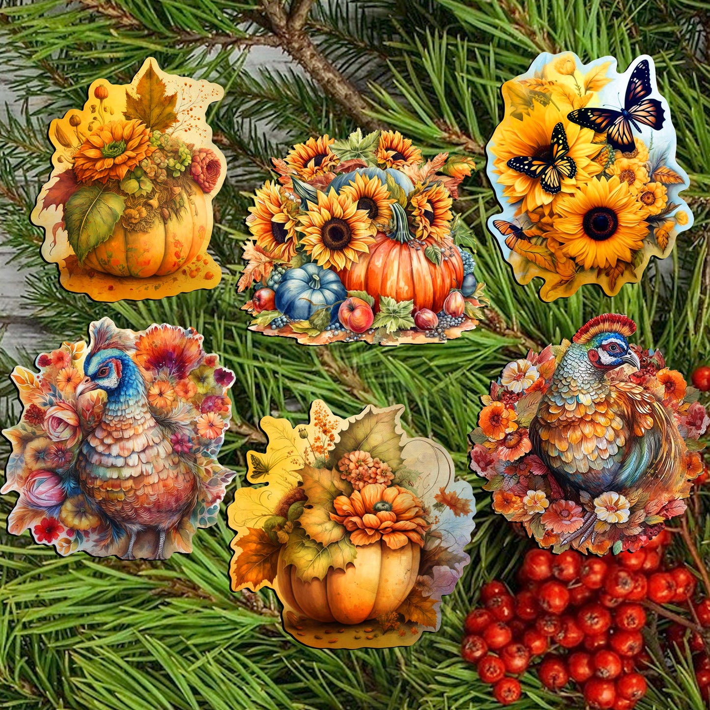 Happy Thanksgiving Decorative Wooden Clip-on Ornaments of 6 by G. Debrekht - Thanksgiving Decor - 8090018C-S6
