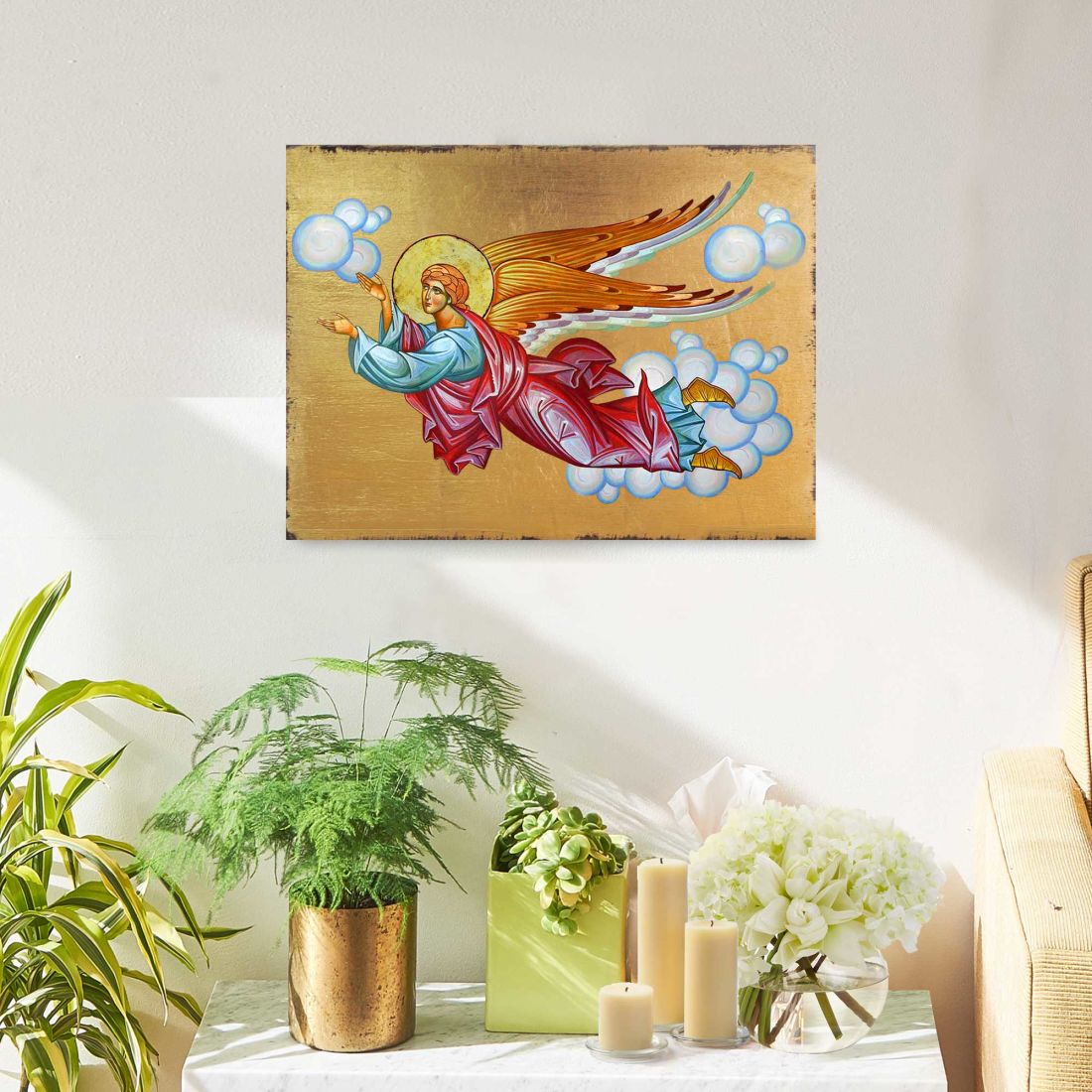Flying Angel Wooden Gold Plated Religious Christian Sacred Icon - Inspirational Icon Decor - 85034